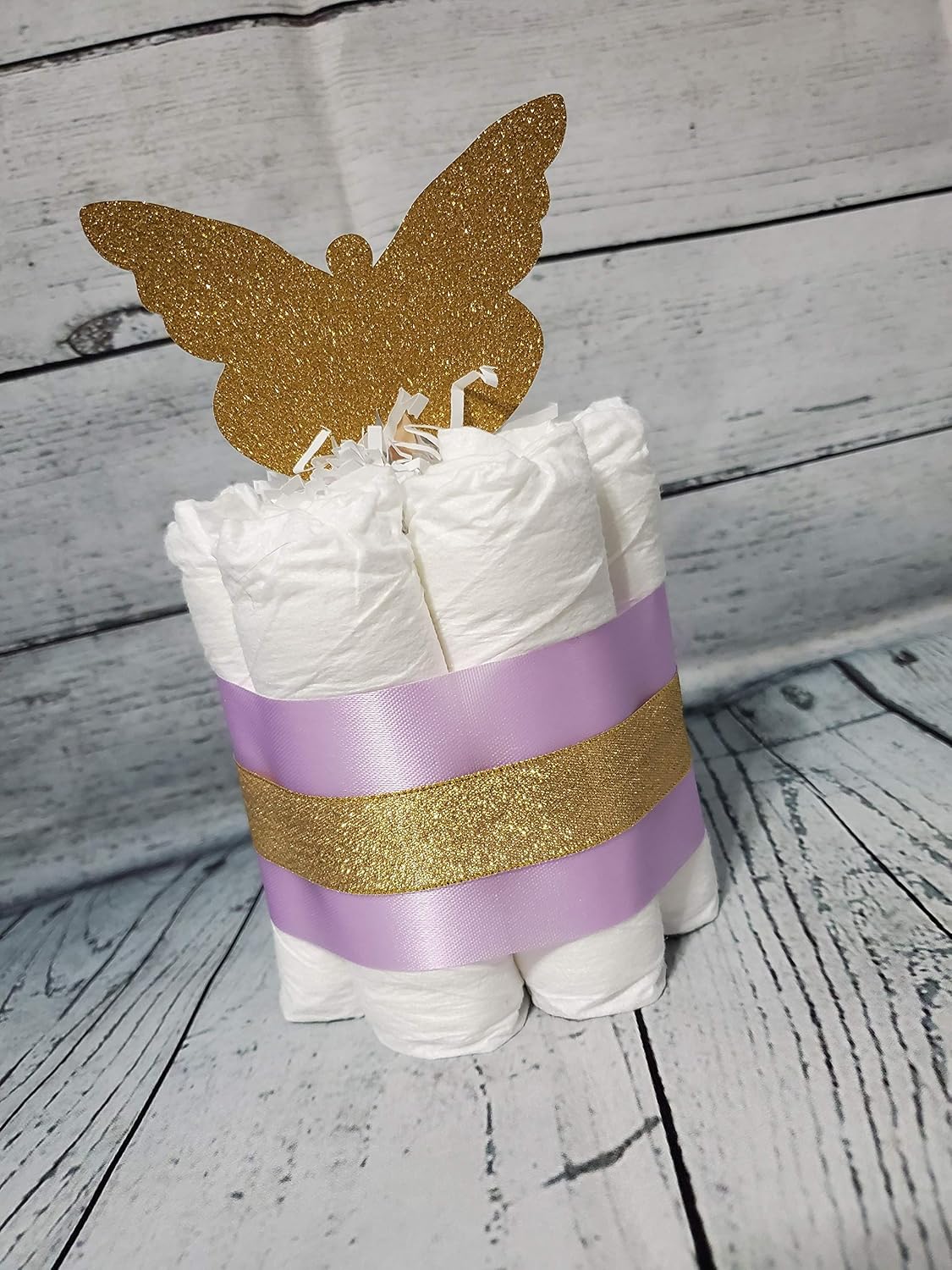 3 Tier Diaper Cake 5 piece set - Butterfly Kisses Baby Wishes Theme Purple Gold or Silver