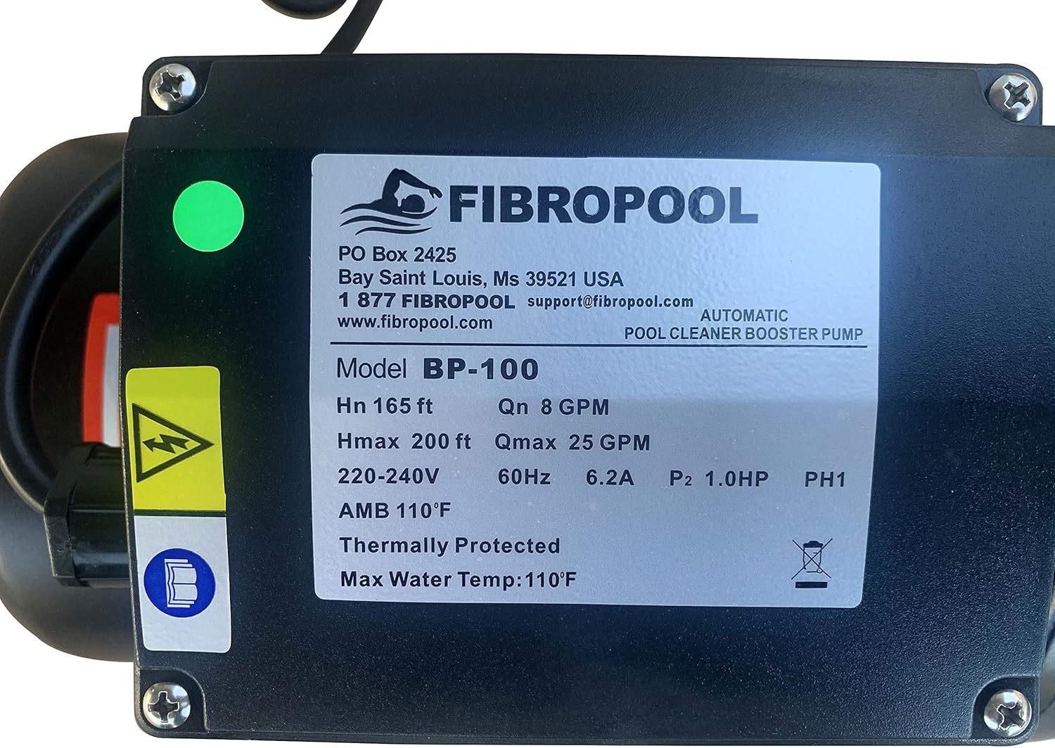 FibroPool BP100 Booster Pump label with specifications