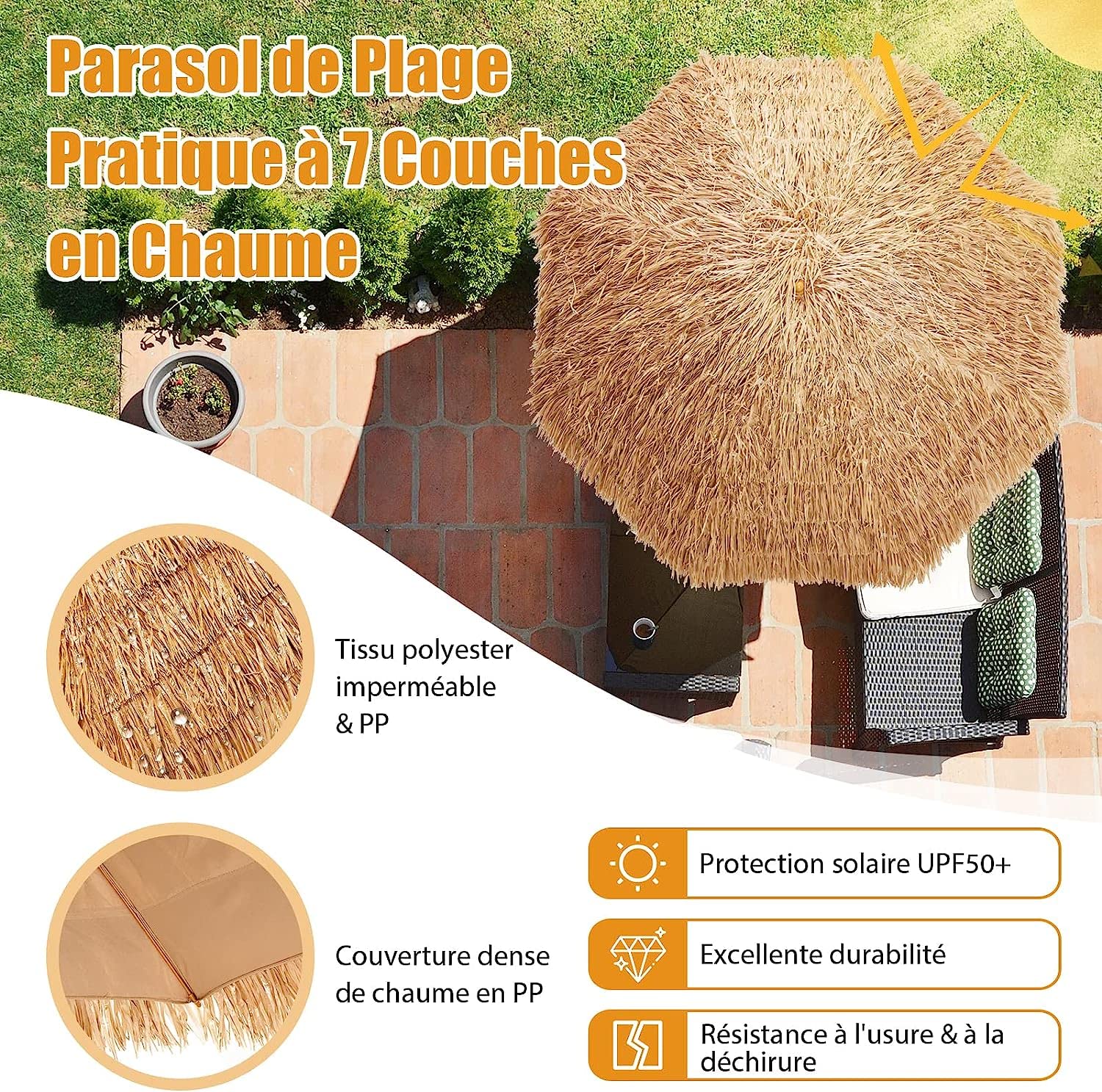 RELAX4LIFE Parasol Exotique en Paille Hawaïen Φ243CM