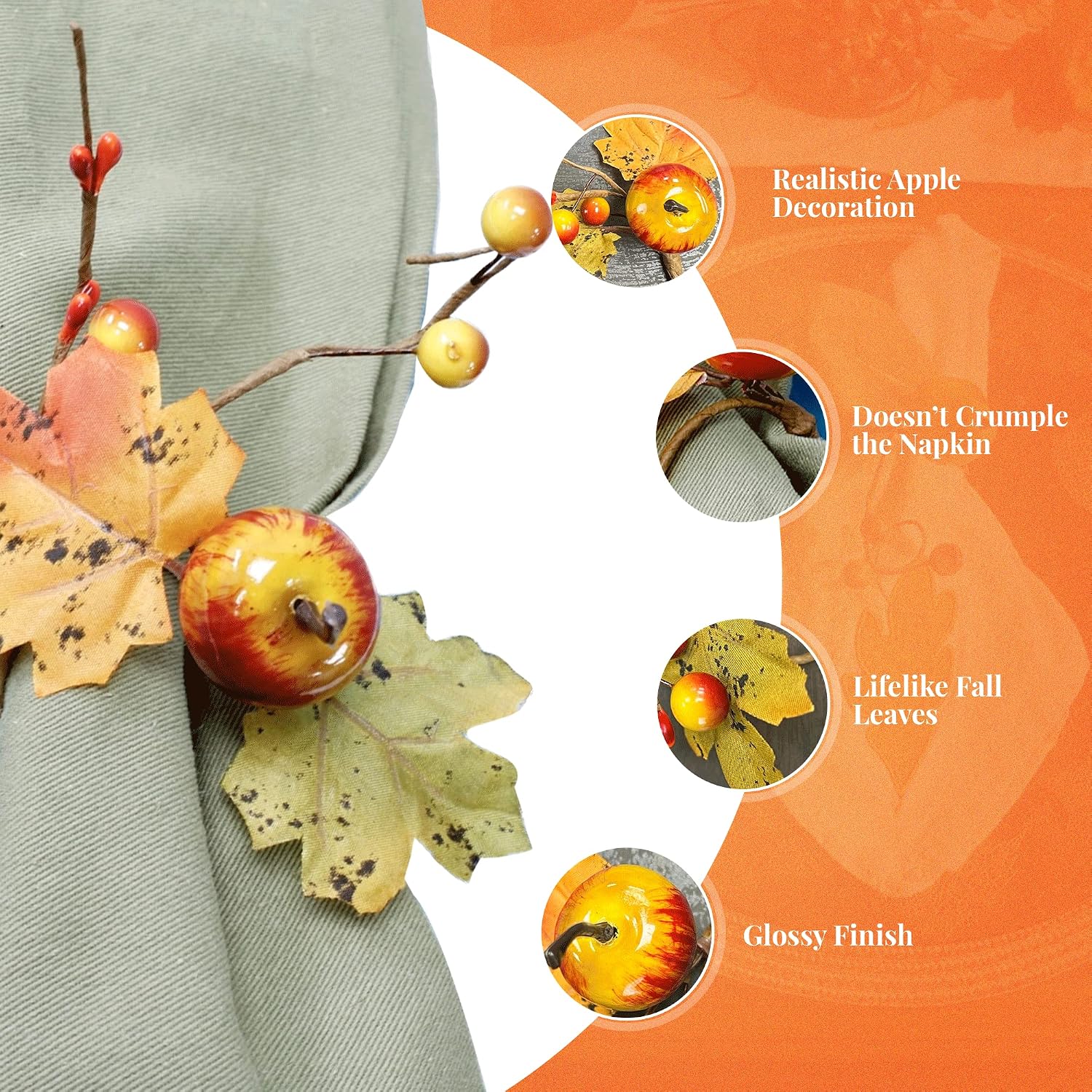 Angel Isabella Fall Themed Napkin Rings - Harvest Maple & Fruits Cloth Napkin Holder for Table Setting - Fall Banquet, Thanksgiving, Christmas or Wedding Table Decor (6pc, Apple)