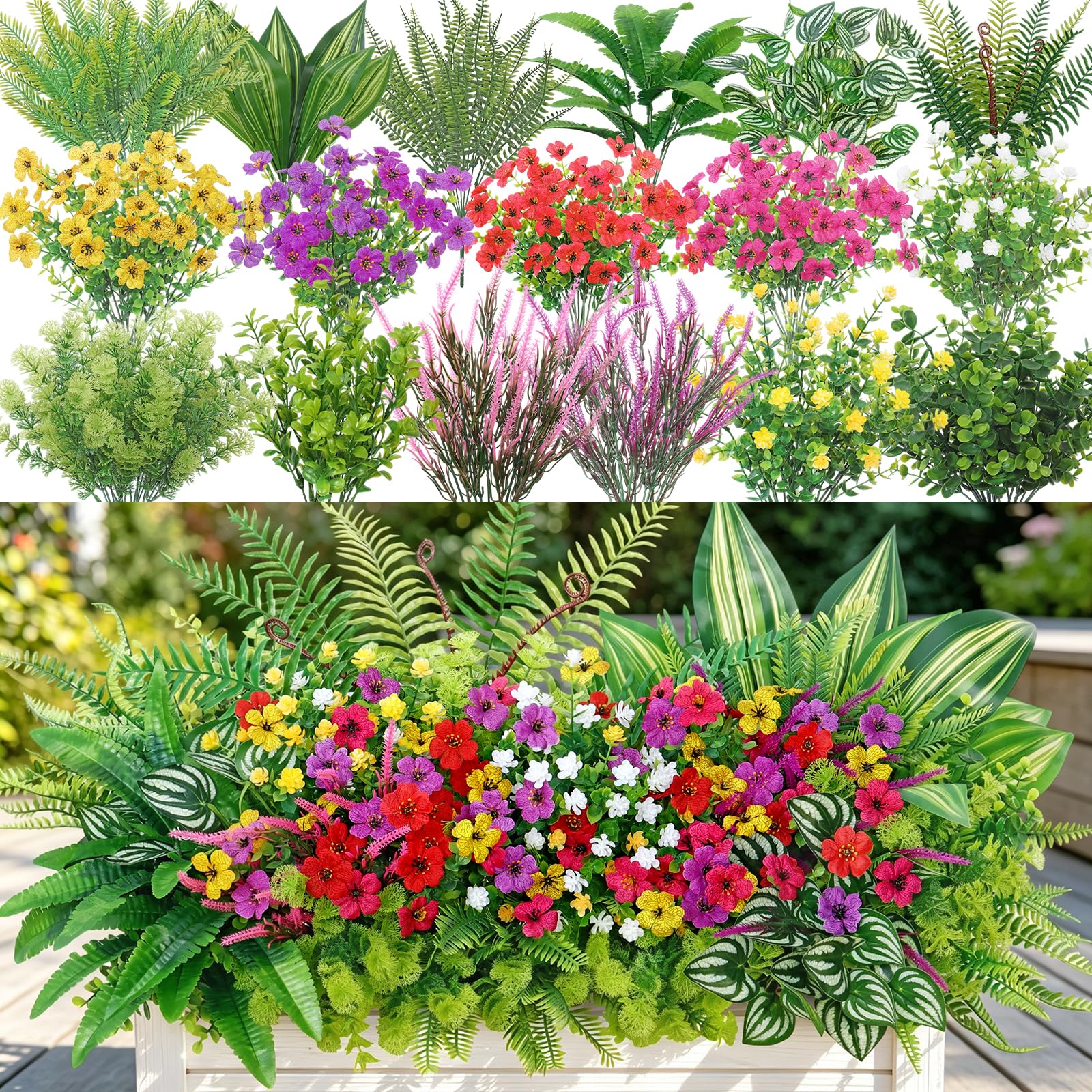 24 piante artificiali fiori per esterni, fiori finti resistenti ai raggi UV, fiori di seta, arbusti in plastica, piante finte per giardino, portico, fioriera, finestra, decorazione per la