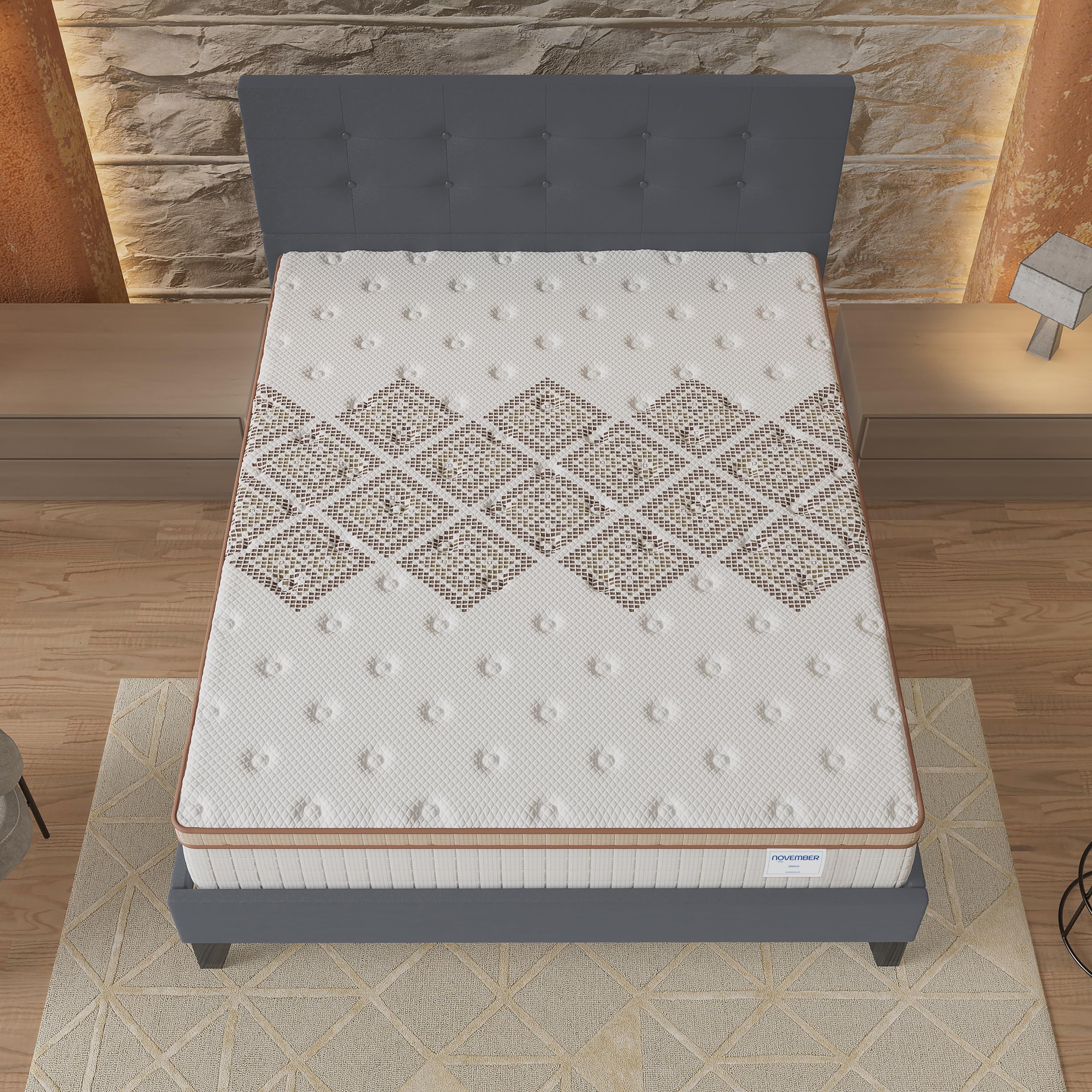 NOVEMBER- Ensemble Matelas + LIT (140x200cm)- Matelas Errakis 28cm Ressorts ensachés & Mousse HDensité + Sommier tête de lit Bois Stable & Robuste revêtement synthétique Gris