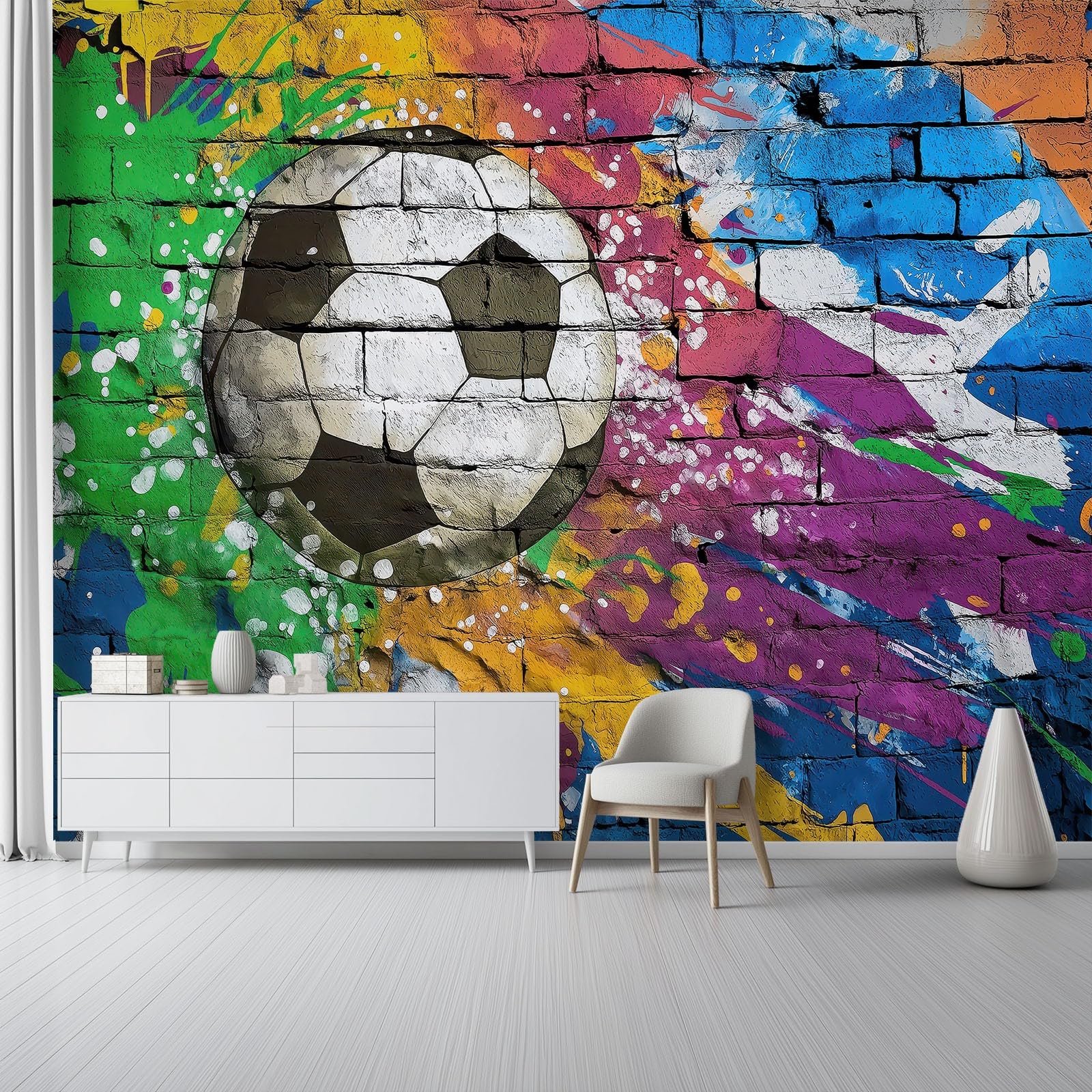 Fototapeta 400 x 280 cm, tapeta sportowa, sztuka uliczna, malowana ściana z cegły i piłka nożna, dekoracja ścienna, tapeta ścienna, do pokoju zabaw
