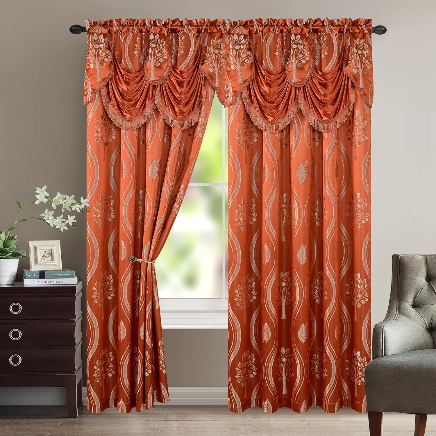 Elegant Comfort Luxurious Aurora Jacquard Look Curtain Panel Set with Attached Valance 54" X 95 inch (Set of 2), Taupe