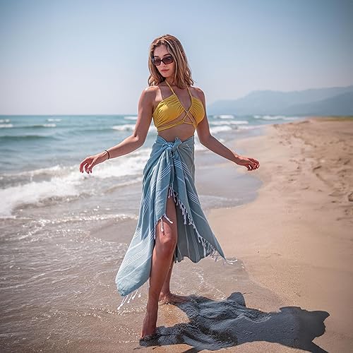 Miniatura 8 de Toalla de playa turca de gran tamaño, 35 x 71 pulgadas, secado rápido, resistente a la arena, toalla de playa ligera de viaje, 100% algodón turco