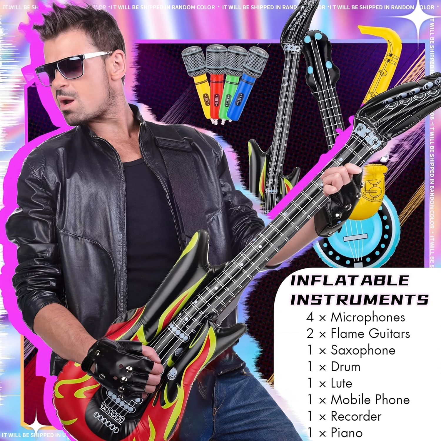 12 Pieces Inflatable Instruments Party Props Rock Star Toy Set Blow Up Guitars Inflatable Saxophone Bass Lute Microphones Mobile Phone Recorder Piano for 80s 90s Themed Party Photo Booth Decorations