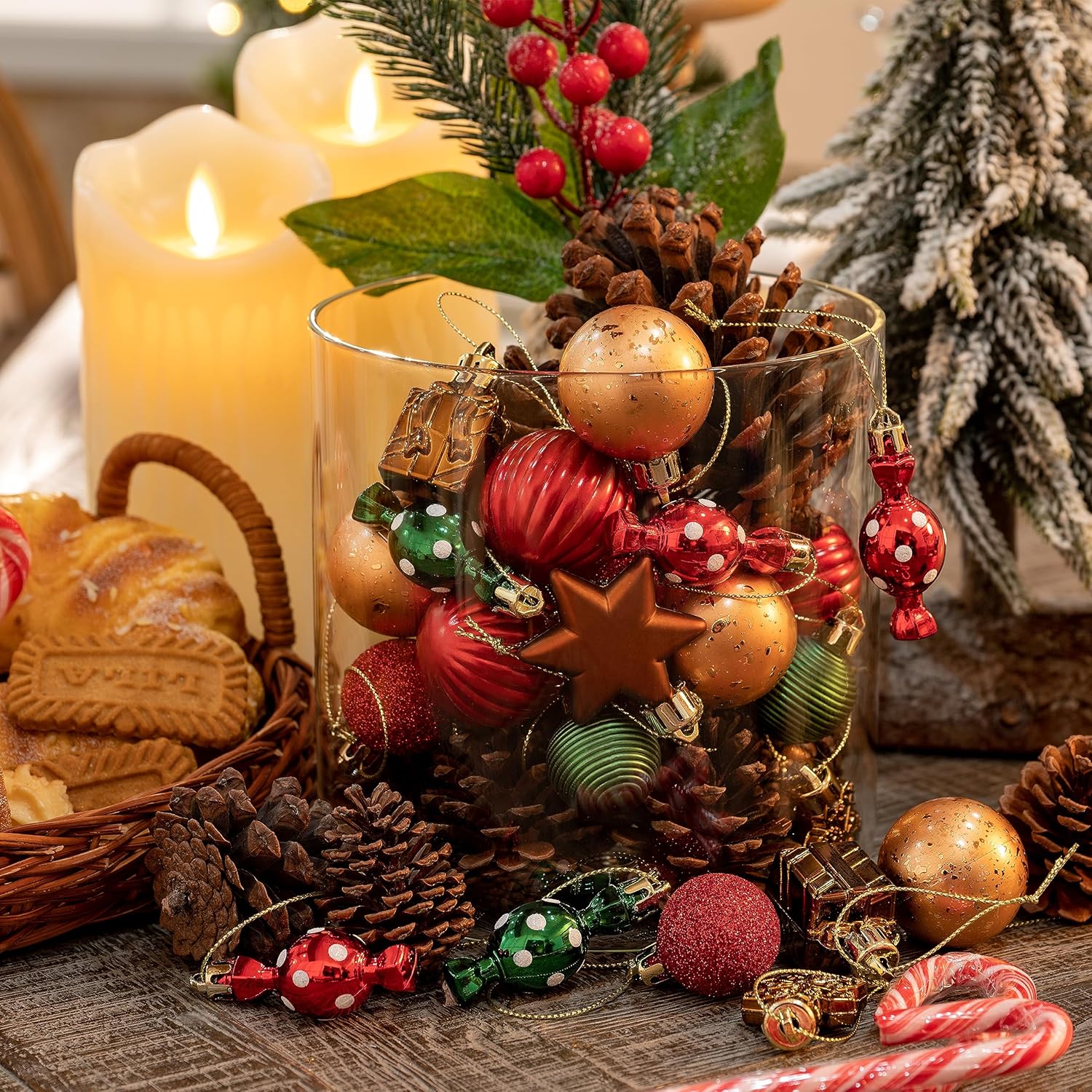 DecorbyHannah Mini Christmas Ornaments Set, 45ct Small Gingerbread Christmas Tree Decorations, Assorted Tiny Red Green Gold Shatterproof Plastic Decorative Hanging Ball Bulk for Xmas Home Table Decor