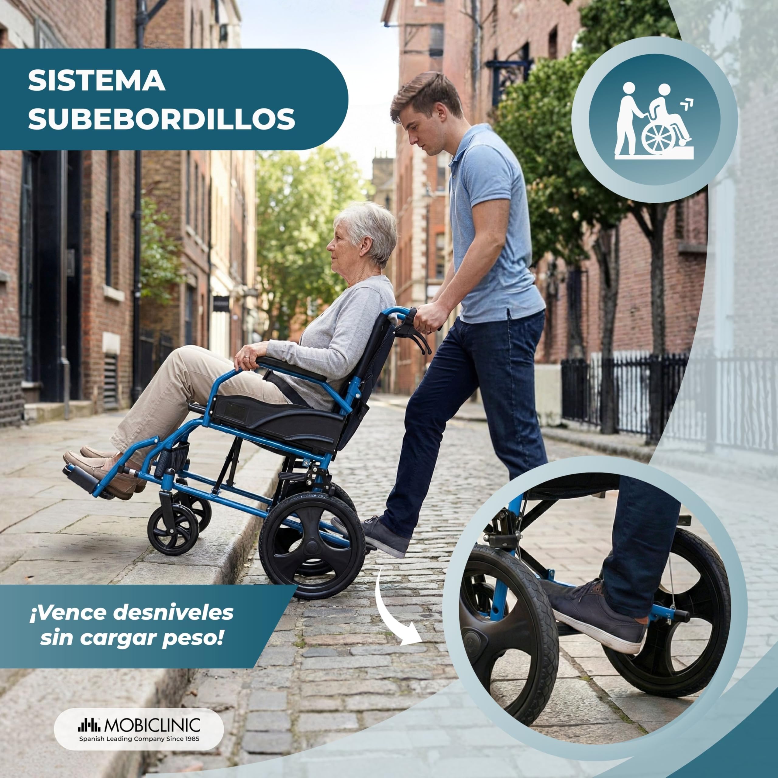 Mobiclinic®, Silla de Ruedas Plegable, de Tránsito, Respaldo Abatible, Reposapiés Abatibles, Doble Sistema de Frenado, Acero Reforzado, Hasta 100 kg, Ligera y Compacta, Faraón