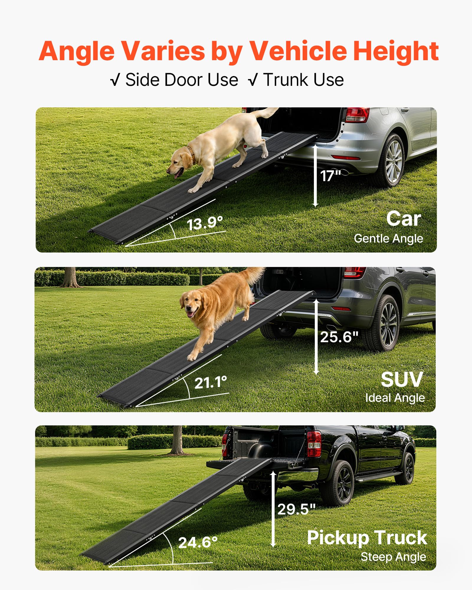 VEVOR Rampa para Perros para Coche, 180 x 43,2 cm, Plegable, para Perros Medianos y Grandes de hasta 113 kg, con Superficie de Tela Oxford Antideslizante, Portátil, para Exteriores, SUV y Camión