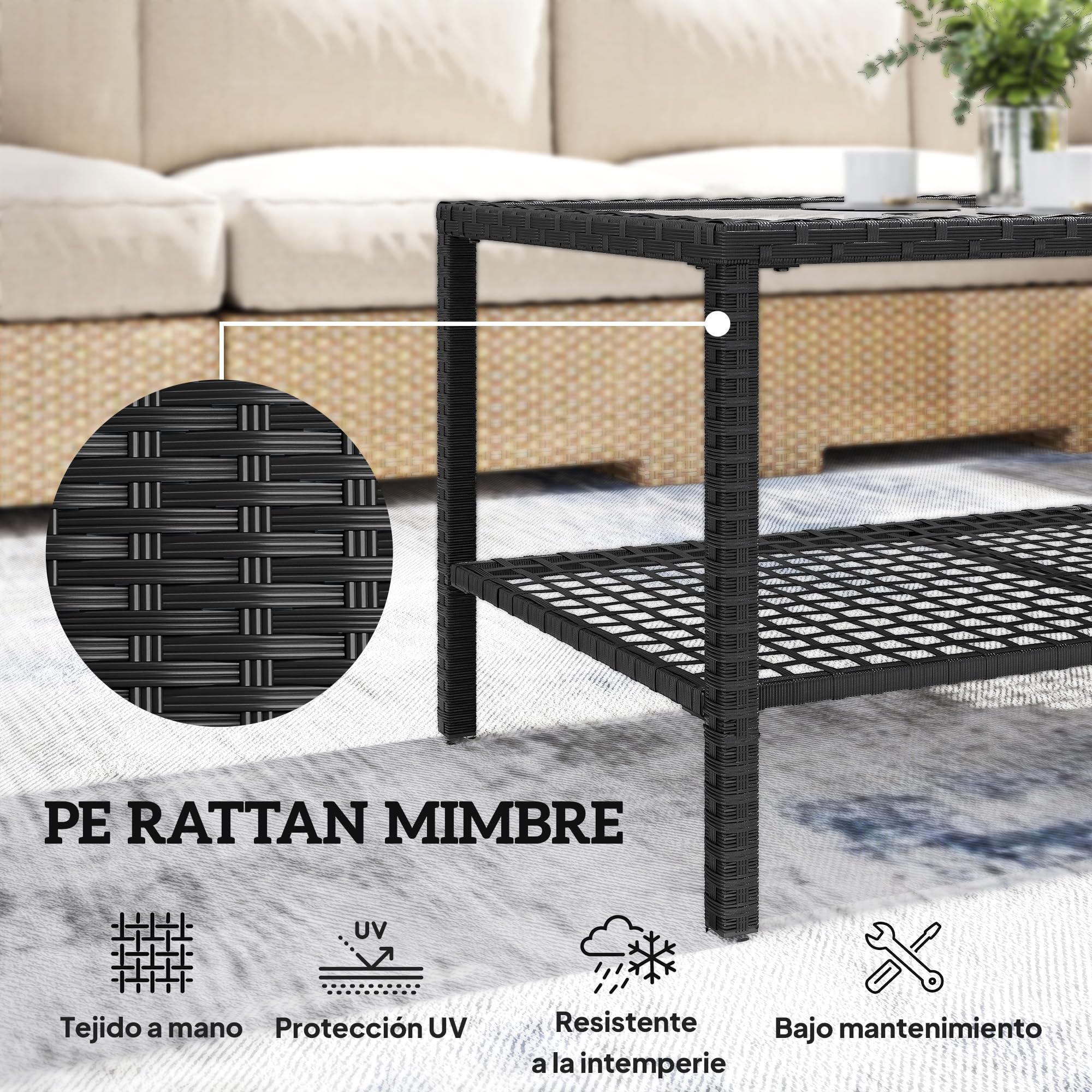 Outsunny Mesa de Jardín de Ratán, Mesita Auxiliar con Estante, Tablero de Vidrio Templado, Estructura de Acero, para Terraza, Patio, Balcón, 92x50x45 cm, Negro