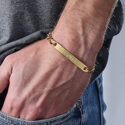 Miniatura 10 de Handmade Engraved Men's ID Bracelet in Gold Plated Sterling Silver - Personalized Custom Birthday Christmas Fathers Day Jewelry Gift for Him Dad