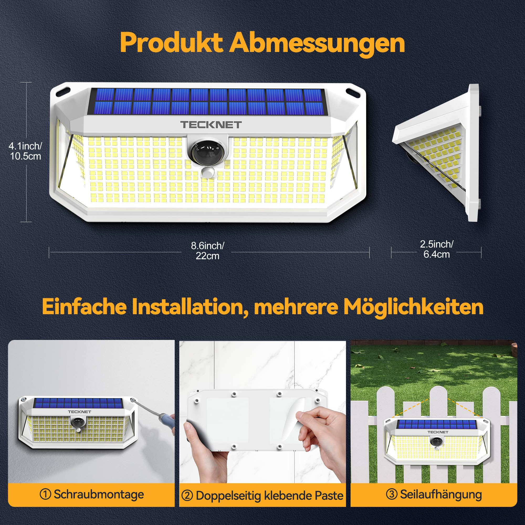 TECKNET Solarlicht für den Außenbereich, 4200 lm, 416 LEDs, für den Außenbereich, solarbetrieben | LED-Solarstrahler mit 300-Grad-Bewegung, 3 Modi, IP66, wasserdicht, für Garten, Garage, Hof, 4 Stück