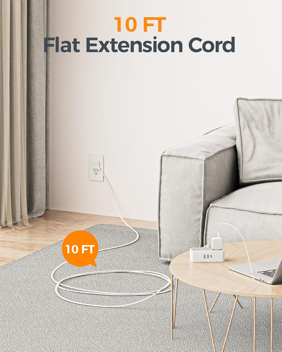 TESSAN Flat Plug Extension Cord 10 FT, Surge Protector Power Strip with 4 AC Outlets 1 USB C and 2 USB A Ports, 900 Joules Protection, Multiple Wall Outlet Extender Suitable for Office Dorm, Grey