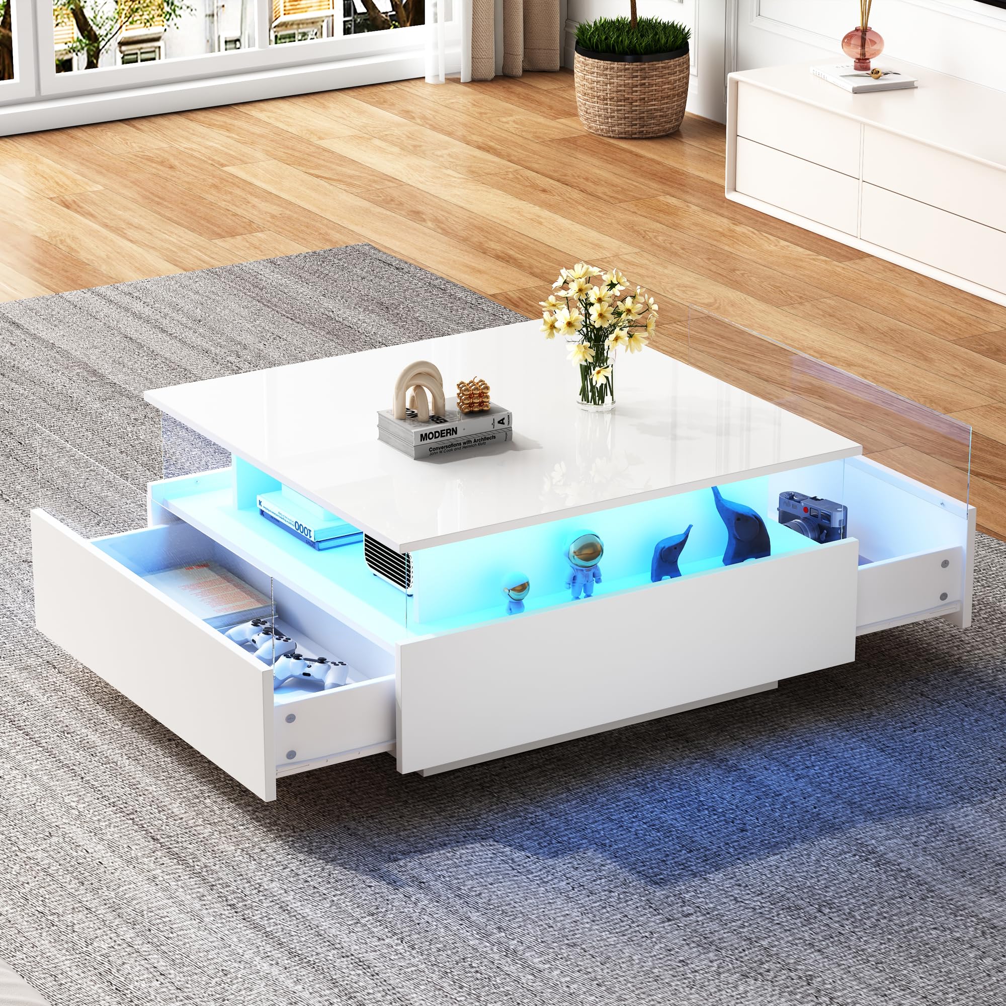 ModernLuxe LED Coffee Table with Storage, Square Acrylic Glass Tea Table, 2 Sliding Drawers, High Gloss White Center Table with Lights, 70x70x41cm — image 1