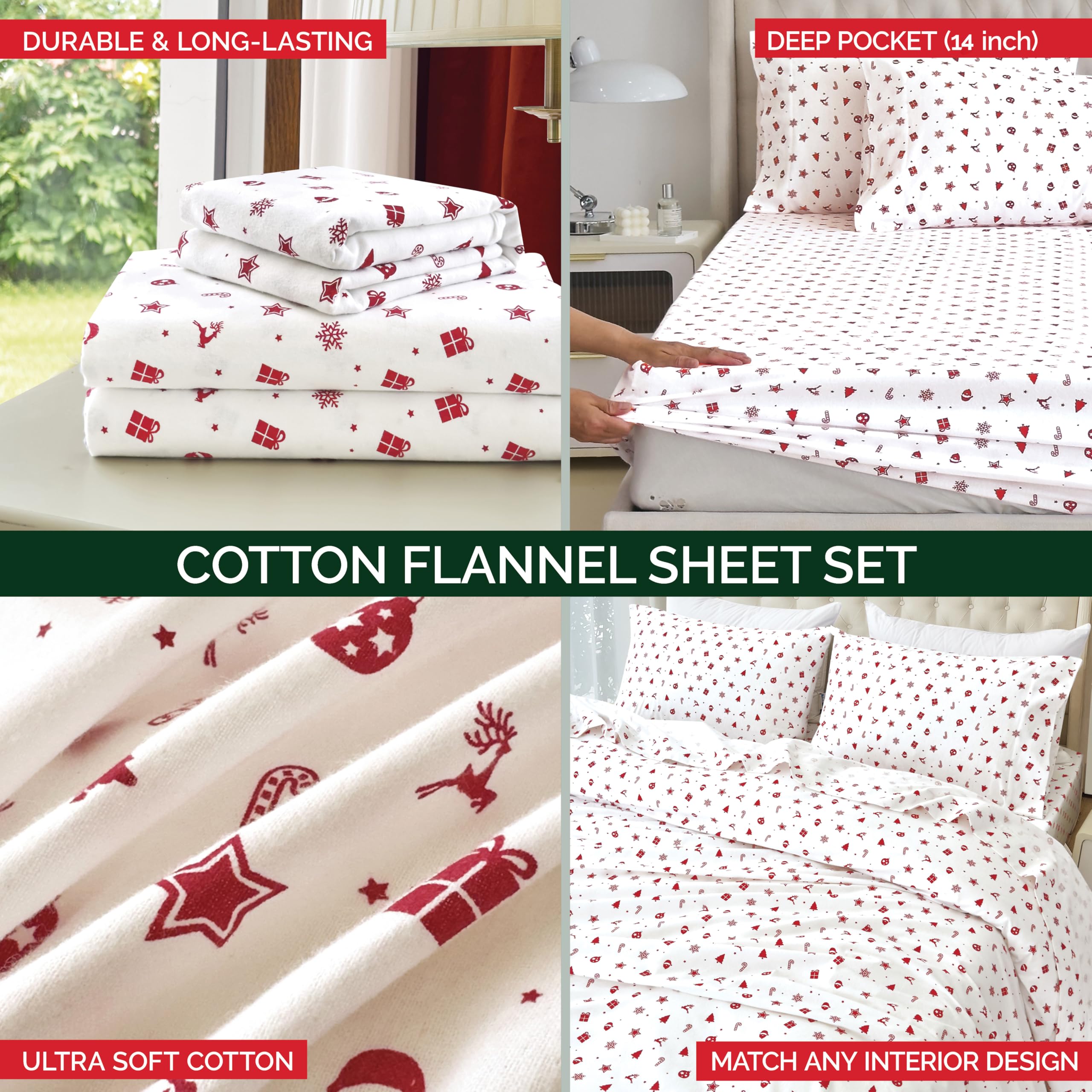 Elegant Comfort - Juego de sábanas ultrasuaves de Franela de 100% algodón Turco prémium, 4 Piezas, diseño navideño, cálidas y acogedoras, sábana Bajera Profunda, tamaño de Matrimonio, Estrellas Rojas