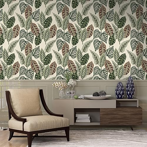 Miniatura 2 de VaryStyle Papel tapiz de hojas de palma tropicales de 17.7 x 118 pulgadas, color verdebeige, hojas de palmera botánicas, despegar y pegar, papel