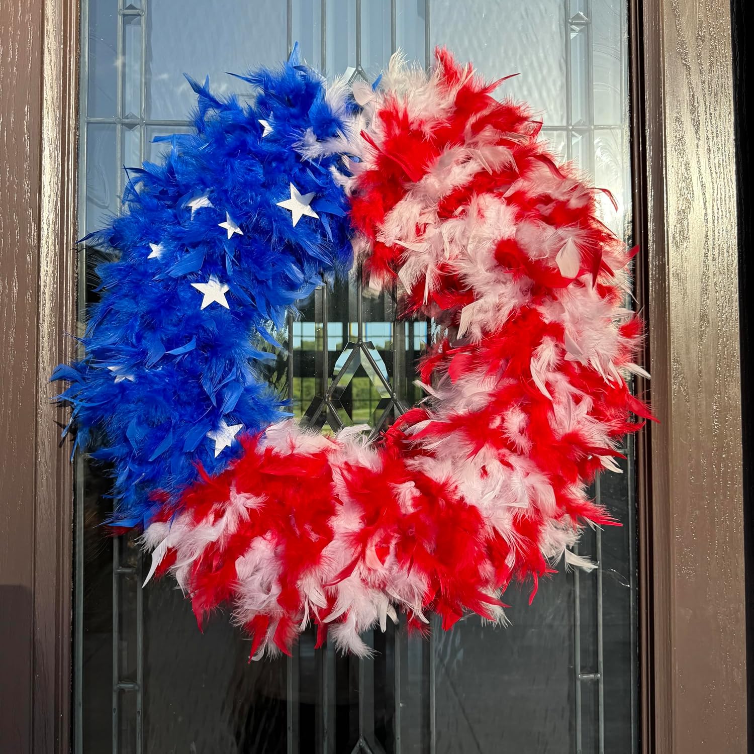 ZUCKER American Flag Feather Wreath, Red White and Blue Patriotic Door Decor