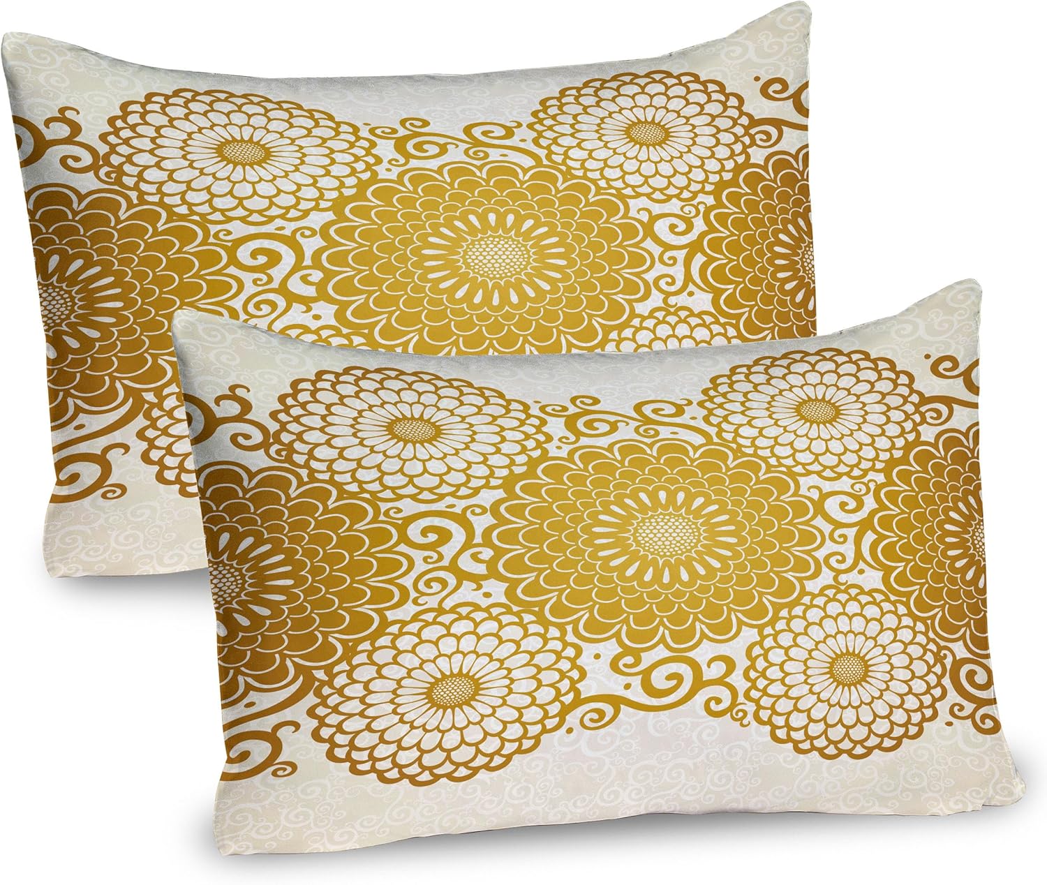 Ambesonne Mandala Pillow Sham Set of 2, Border with Large Flowers and Curls Chrysanthemums Peonies Rococo Style, Quality Microfiber Bedding Item for All Seasons, 30" x 20", Eggshell Yellow