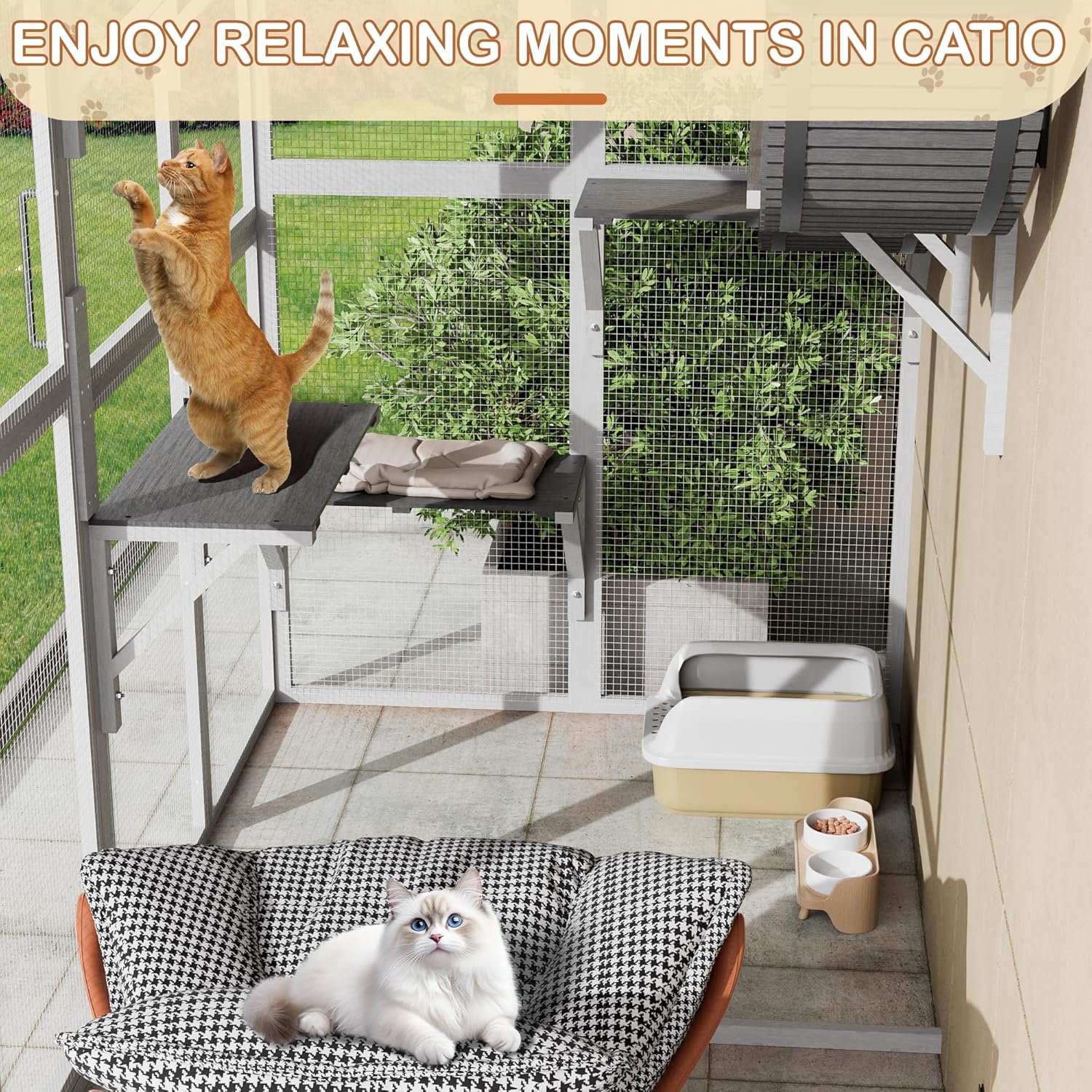 Large Walk-in Catio Wooden cat Houses for Multiple Outdoor Cats, Outdoor cat Enclosure with 4 Bridges & Transparent PVC Roof & sisal Scratcher, Kitty cat Condo Shelters (White)