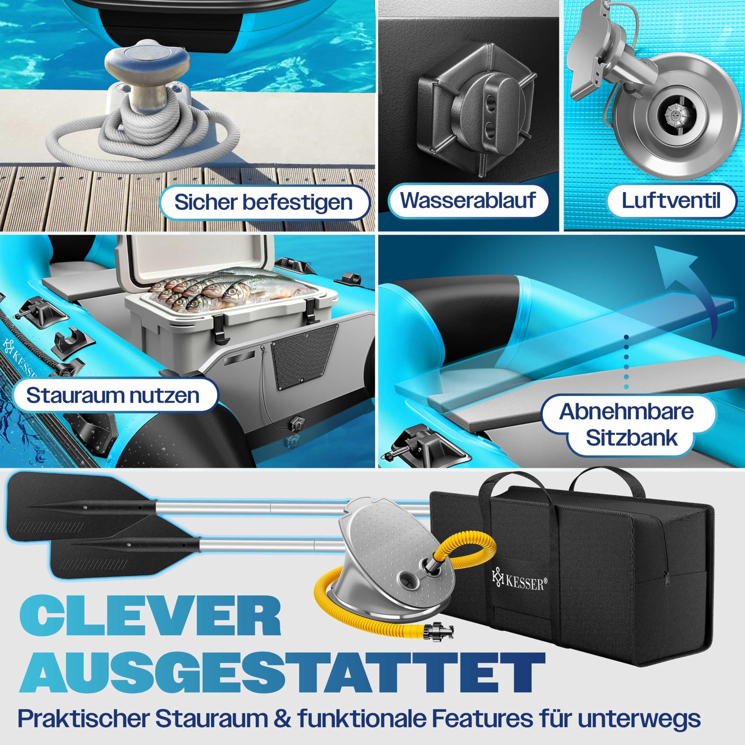 KESSER® Bateau gonflable Wave 230-380 cm Set de 6 pièces gonflables – Bateau + banc, pompe à air, pagaie, kit de réparation, sac, bateau de pêche, bateau à pagaie petit et grand – Combinaison moteur