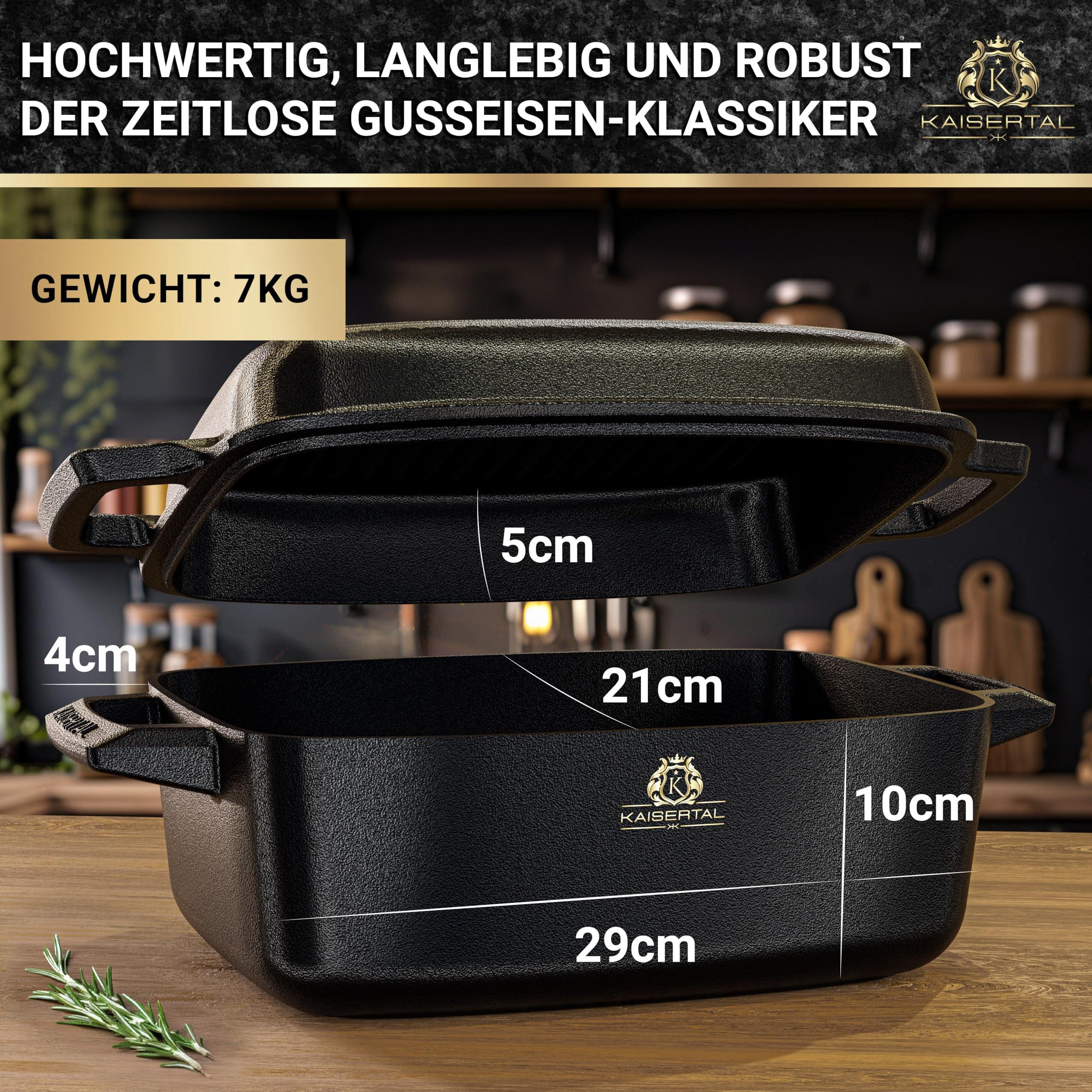 KAISERTAL Gusseisen Bräter mit Deckel backofengeeignet – 28cm Schmortopf mit Deckel | Backofengeeignet, Induktion, Indoor & Outdoor | 7kg Gusseisen-Topf 6L – Cast Iron Pot für Bräter & Schmortöpfe