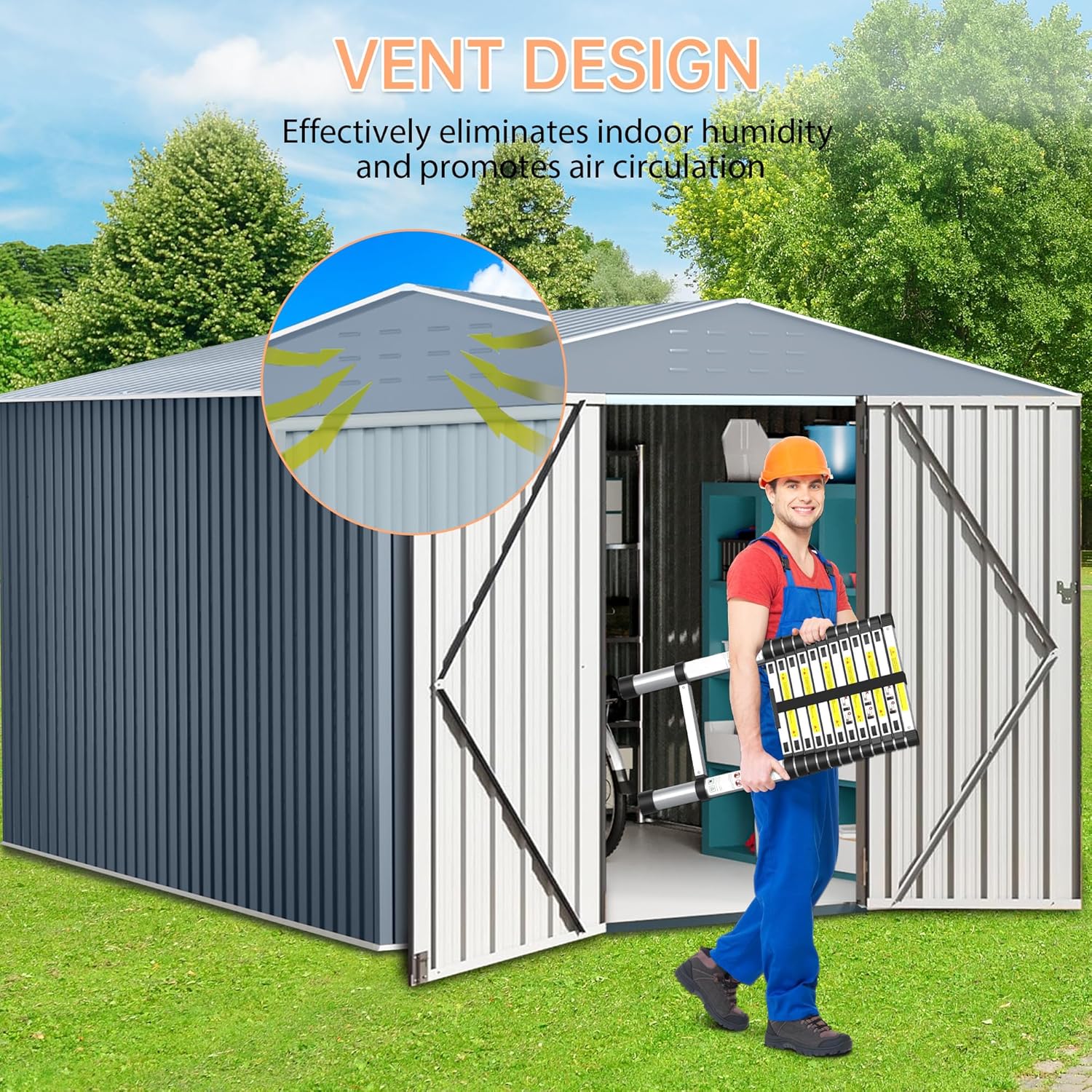 8 X 12 FT Outdoor Storage Shed, Metal Tool Shed Storage House with Lockable Doors & Air Vents, Waterproof Garden Steel for Backyard, Garden, Lawn, Patio,Grey