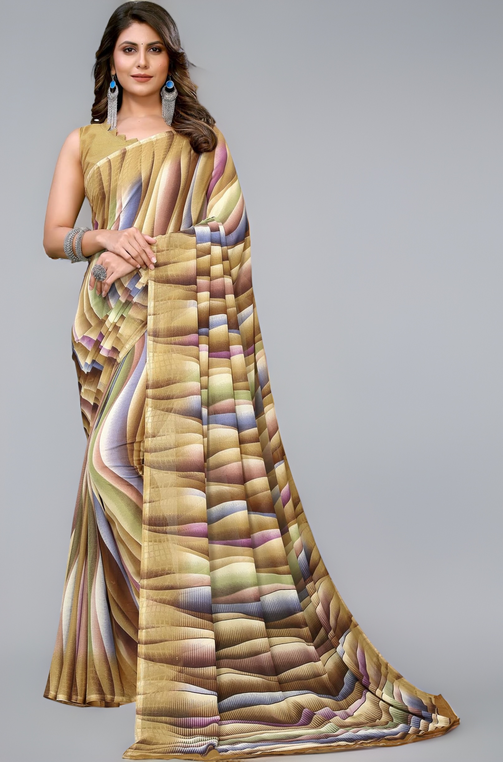 Yashika Women's Trendy Printed Georgette Purple Color Saree with Blouse Material