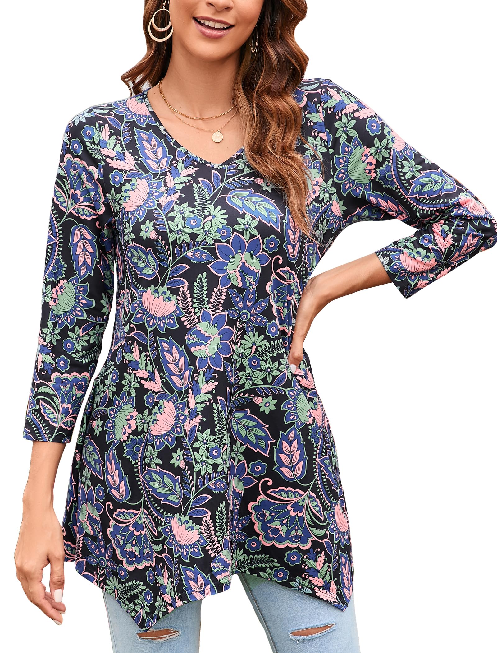 ENMAIN Women's Tunic Top 3/4 Sleeve Plus Size Tunic Tops to Wear with Leggings Ladies Casual Swing Dressy Blouses
