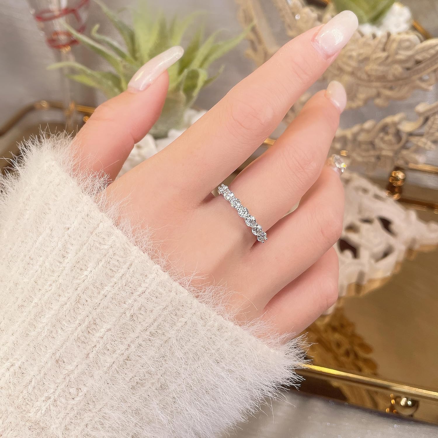 YSDD 7 Stone Moissanite Wedding Bands for Women, 7 * 0.1ct Eternity Bands Rings D Color VVS1 Clarity 925 Sterling Silver Promise Anniversary Stackable Engagement Rings