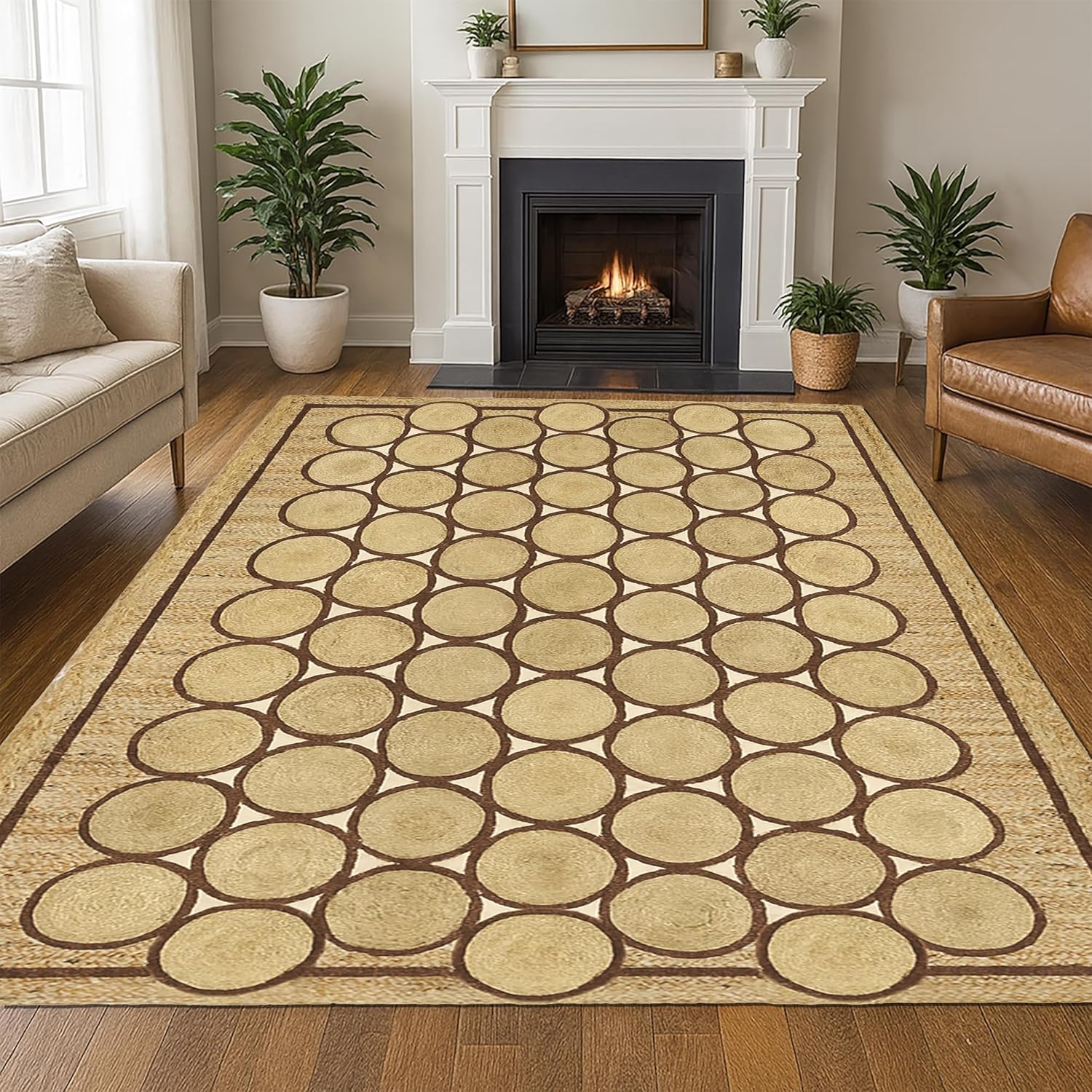 Premium Quality Jute Rug 10x18 Feet Area Rug Natural Fiber Jute Rugs Thick 0.27" Geometric Brown Circle & Border Rugs for Farmhouse Indoor Outdoor Decorative Floor Carpet