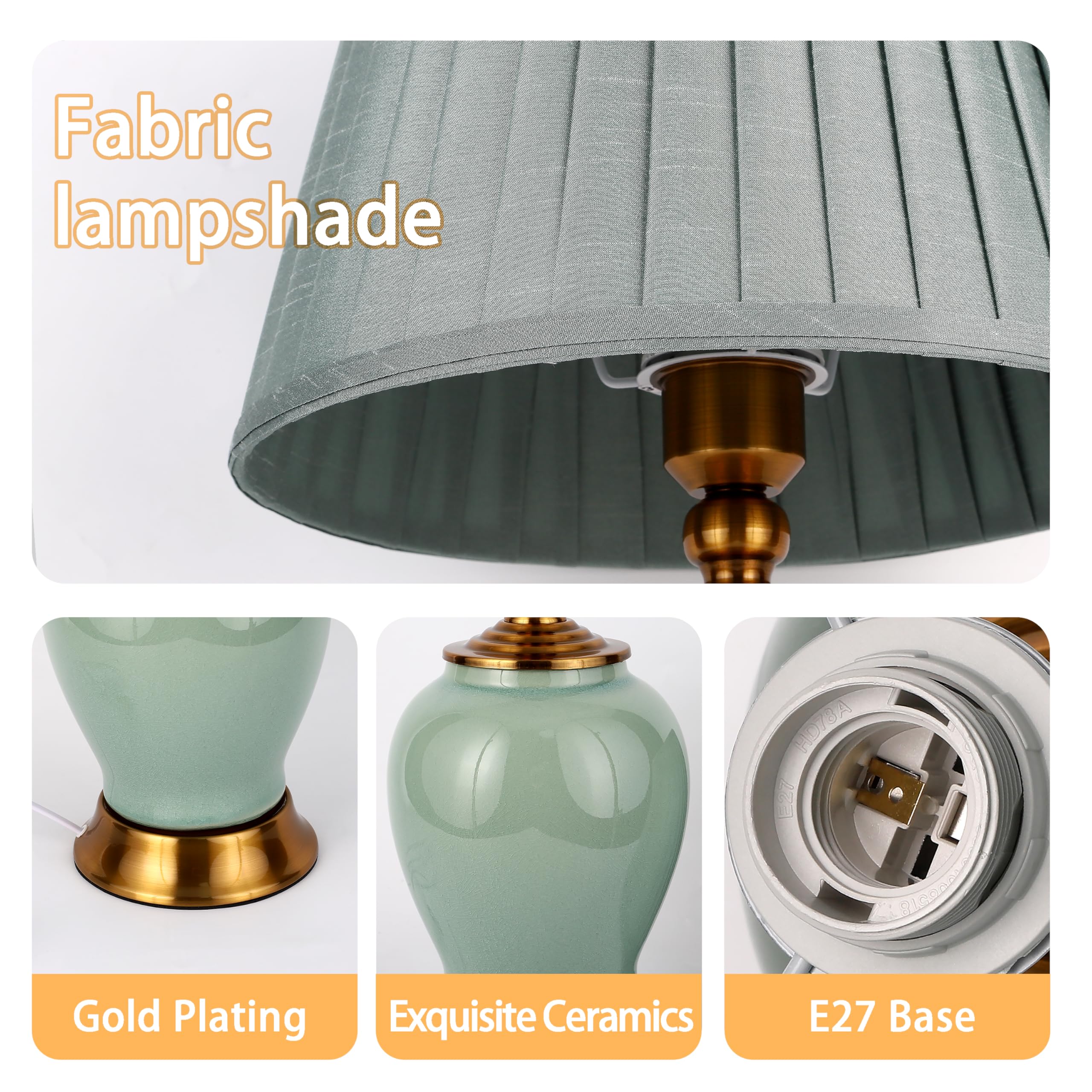 Tischlampe Moderne E27 Nachttisch Lampen, weiße Stoff Lampenschirm Schreibtischlampe, Keramik Nachttisch Lampe Schlafzimmer Dekoration Studie Leselampe, Grün