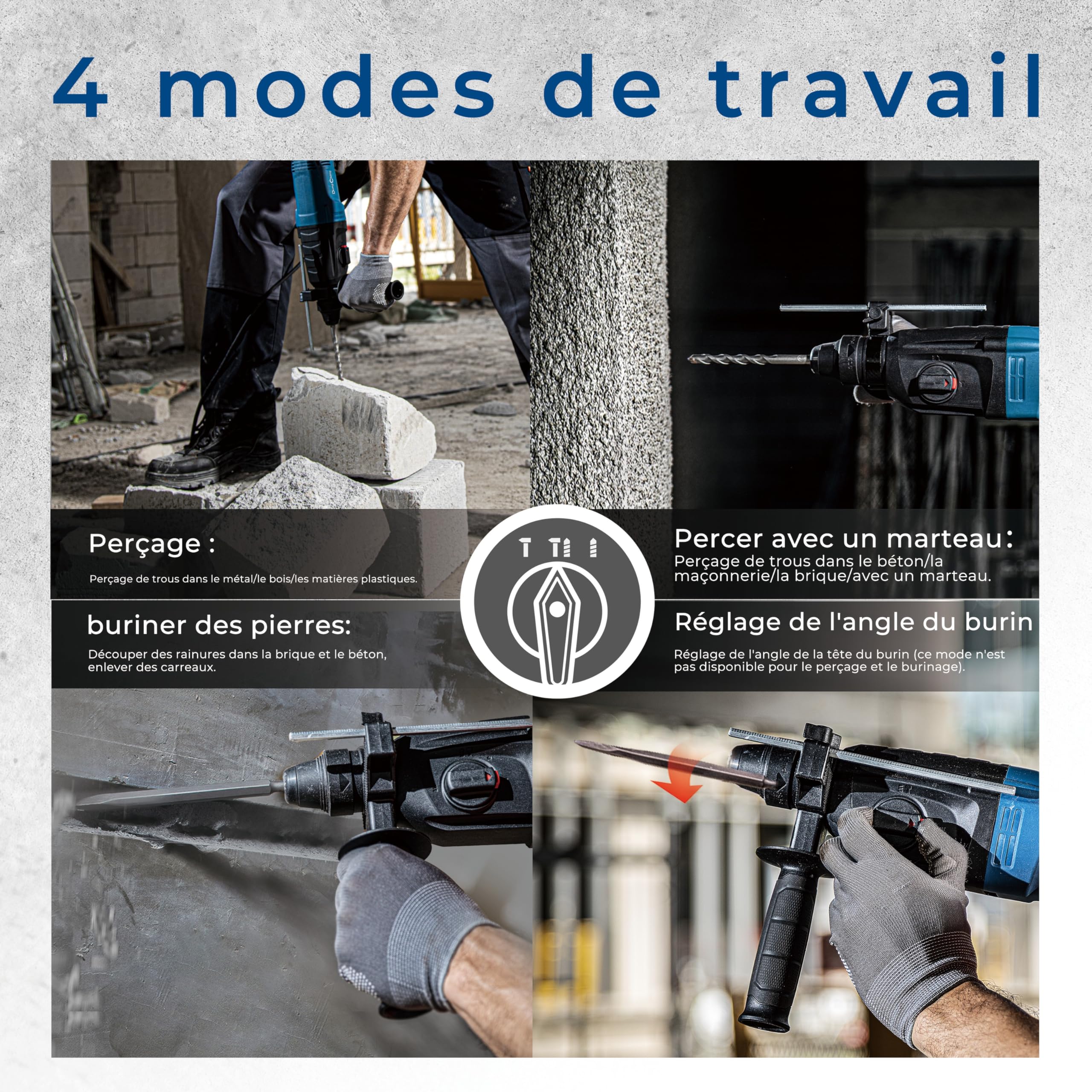 DongCheng marteau perforateur 800W, énergie d'impact 2.8 J, vitesse de ralenti 0-1200U/min, avec 4 Drill Bit SDS plus, 26mm, perceuse 4 en 1, marteau de démolition, poignée anti-vibration
