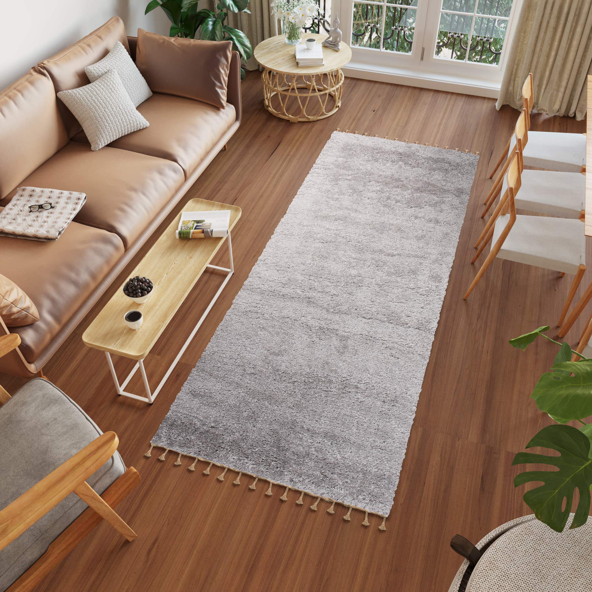 TAPISO Versay Fringes Tapis de Passage Tapis Couloir Long Entrée Salon Chambre Descente de Lit Ado Design Moderne Gris Motif Uni Franges Tresses Shaggy Poils Longs Epais Super Doux 80 x 350 cm