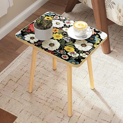 Miniatura 2 de Mesa auxiliar rectangular pequeña con acabado de flores coloridas, mesa auxiliar pequeña retro moderna para balcón, sala de estar (11.8 pulgadas de