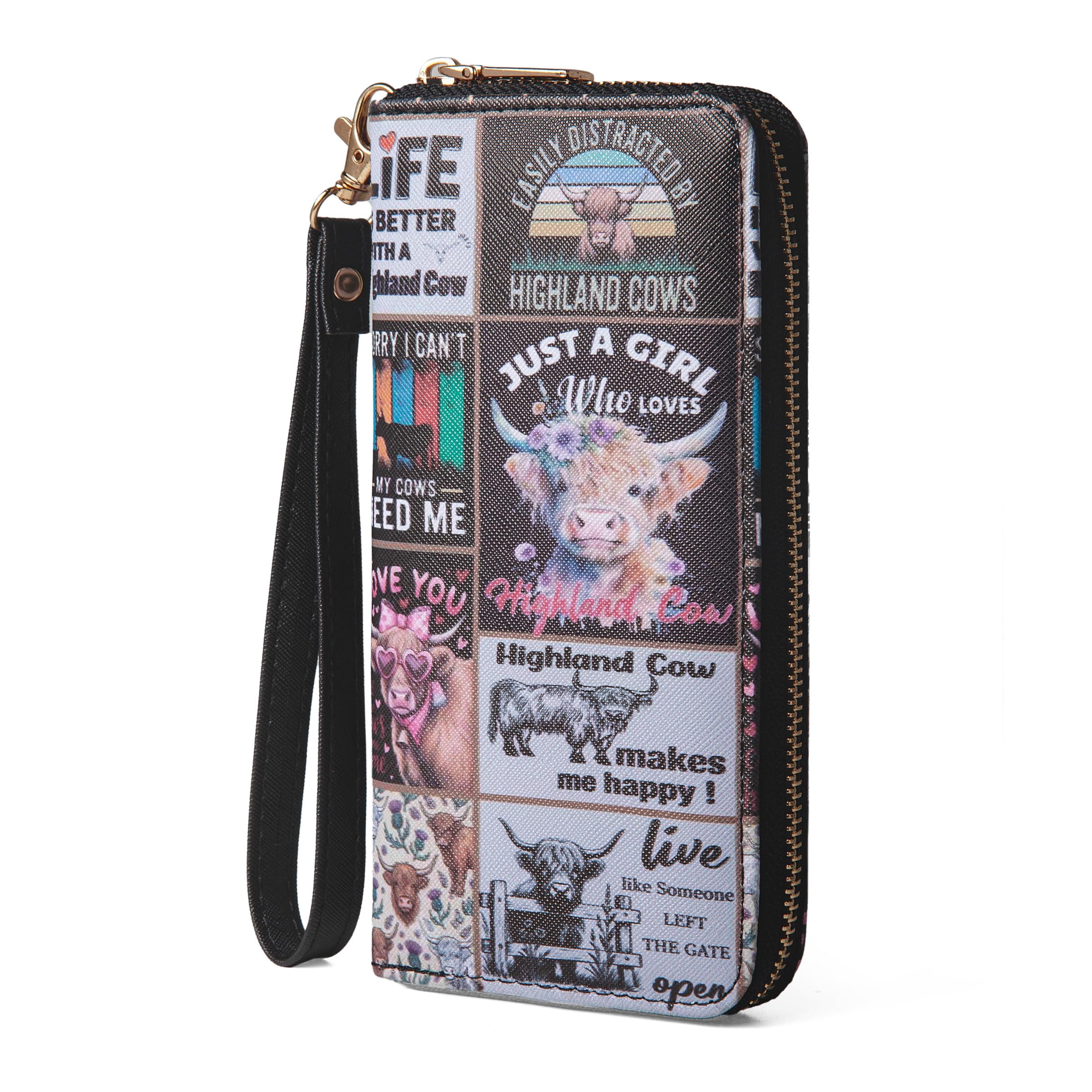 Checkered Highland Cow Print Book Wallet For Women Skull Goth Frog Butterfly Ladies Cluth Wristlet Wrist Strap Long Purse Zip Around Card Holder