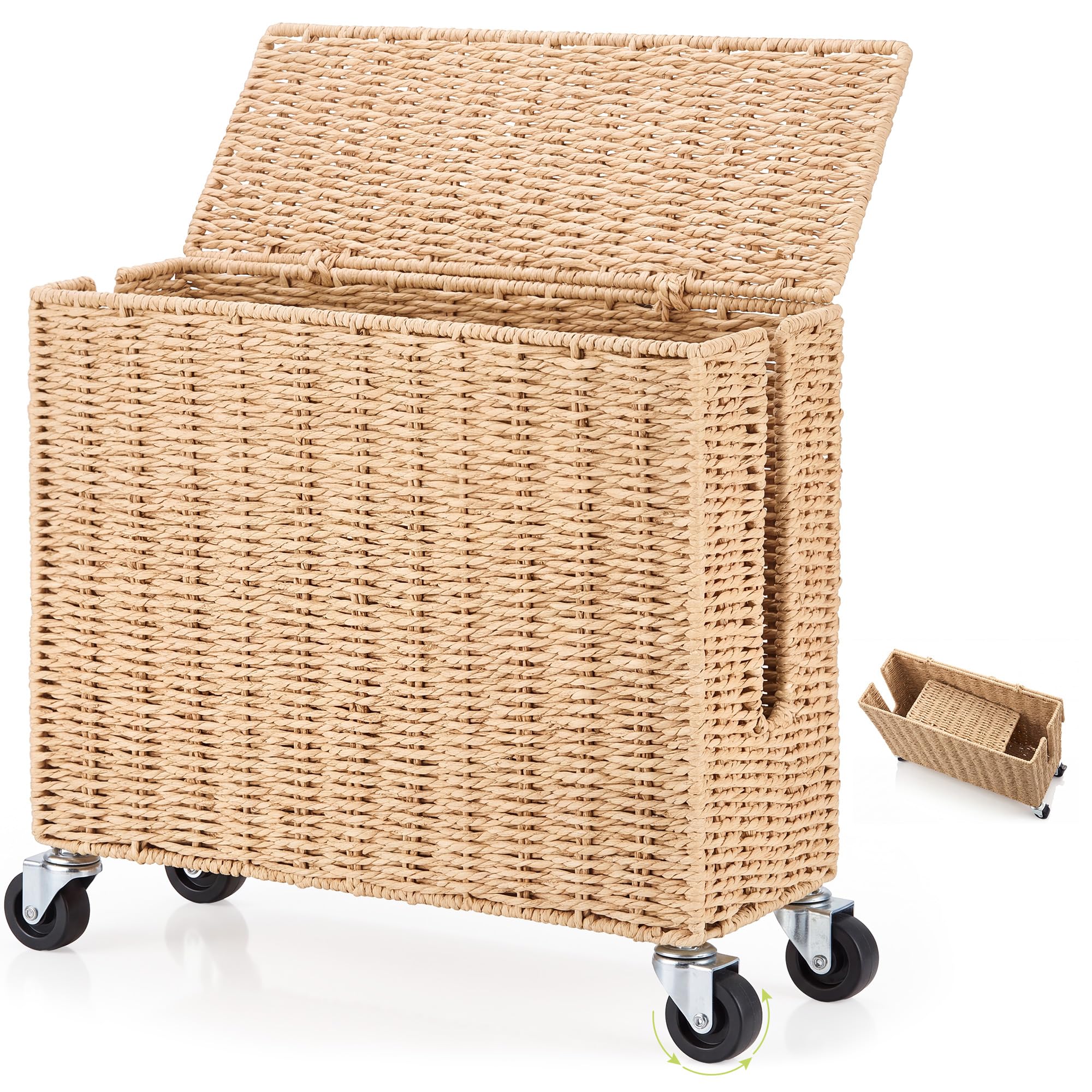 Briwooody Extra Large Rattan Cable Management Box with Caster Wheels, Brown