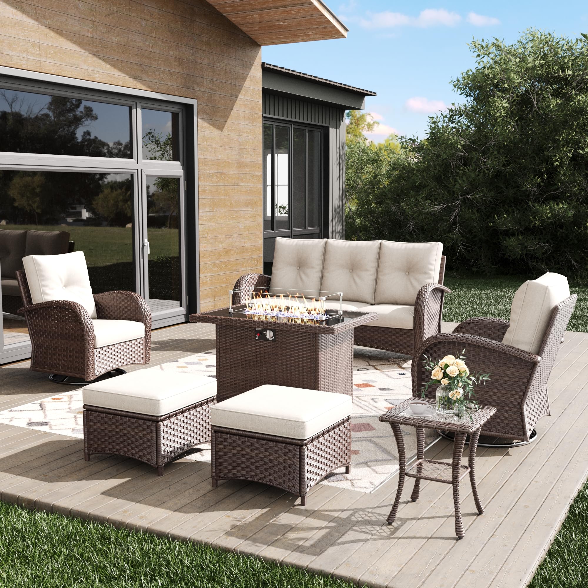 KHOLH Outdoor Patio Furniture Sets with Fire Pit Table 7 Pieces Wicker Swivel Rocker Chairs and Sofa Sets for Backyard Deck