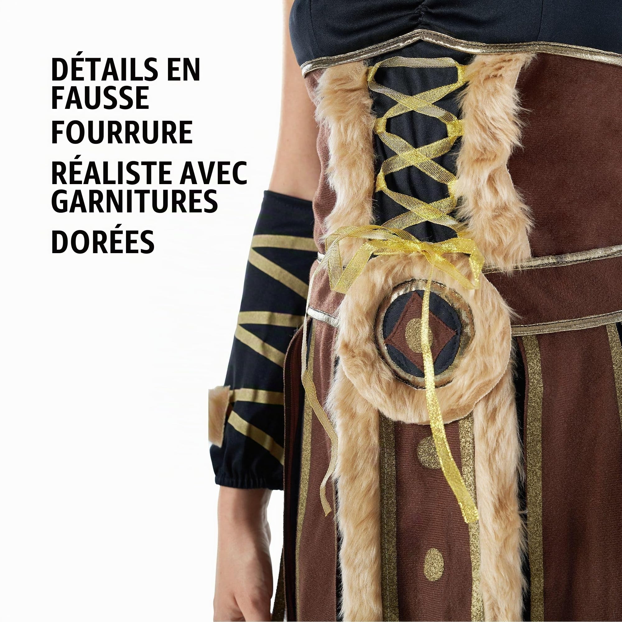 Morph Deguisement Viking Femme, Costume Nordique Halloween Femme | Robe Marron, Chapeau à Cornes, Brassards & Jambières, Look Nordique, Parfait pour Halloween, Idéal pour se Déguiser