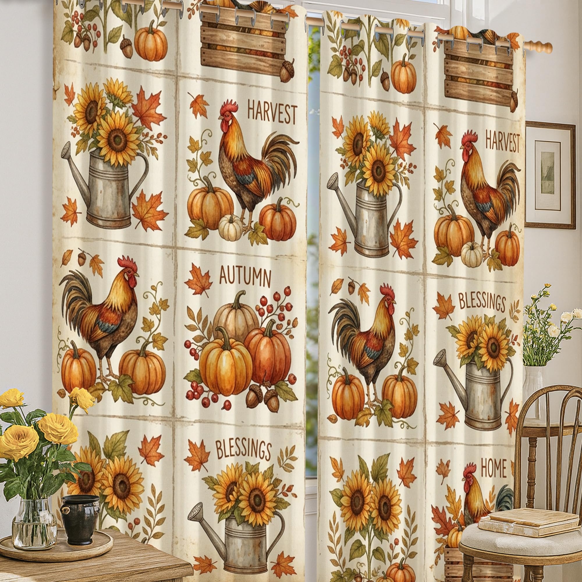Rideaux occultants à œillets rustiques 132x160 cm motif coq et citrouilles jaune automne