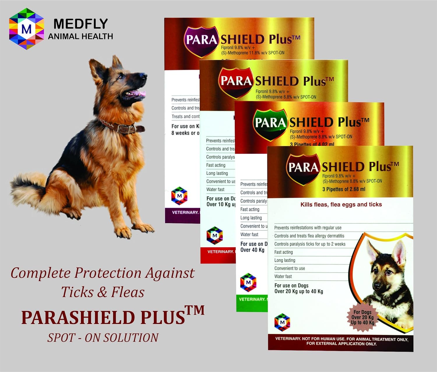 Medfly Healthcare Parashield Plus Spot On Solution for Prevention & Treatment of Ticks, Fleas & Chewing Lice Infestation in Dogs (Over 20 kg up to 40 kg) - Pack of 1 Medfly Healthcare Parashield Plus Spot On Solution for Prevention & Treatment of Ticks, Fleas & Chewing Lice Infestation in Dogs (Over 20 kg up to 40 kg) - Pack of 1