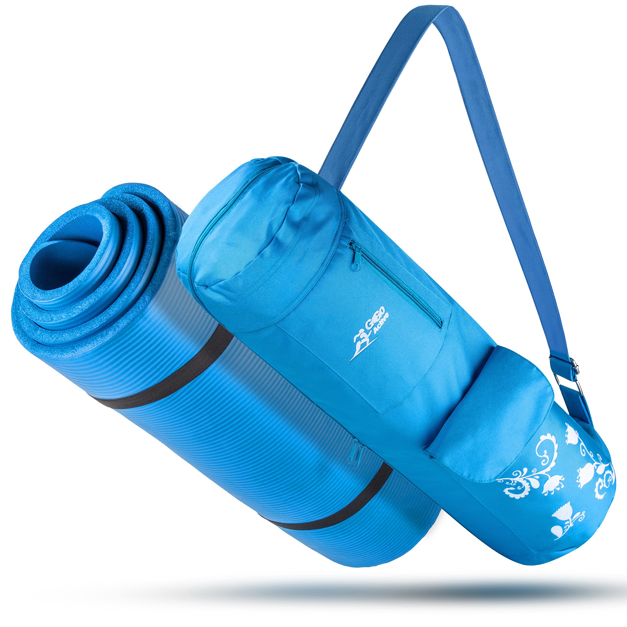"Go Go Active" High Density Thick Mat, All-Purpose, Durable and Comfortable NBR Foam Yoga Mat with Carrying Strap and Matching Bag, Blue