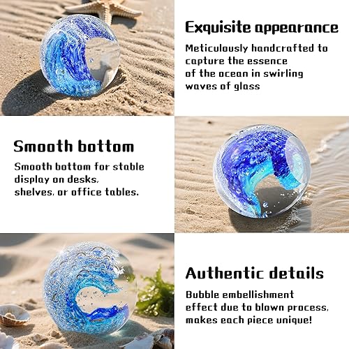 Miniatura 3 de Figuras de vidrio soplado de onda azul, coleccionables, arte de cristal, mar, olas del océano, pisapapeles, decoración para el hogar y la oficina,