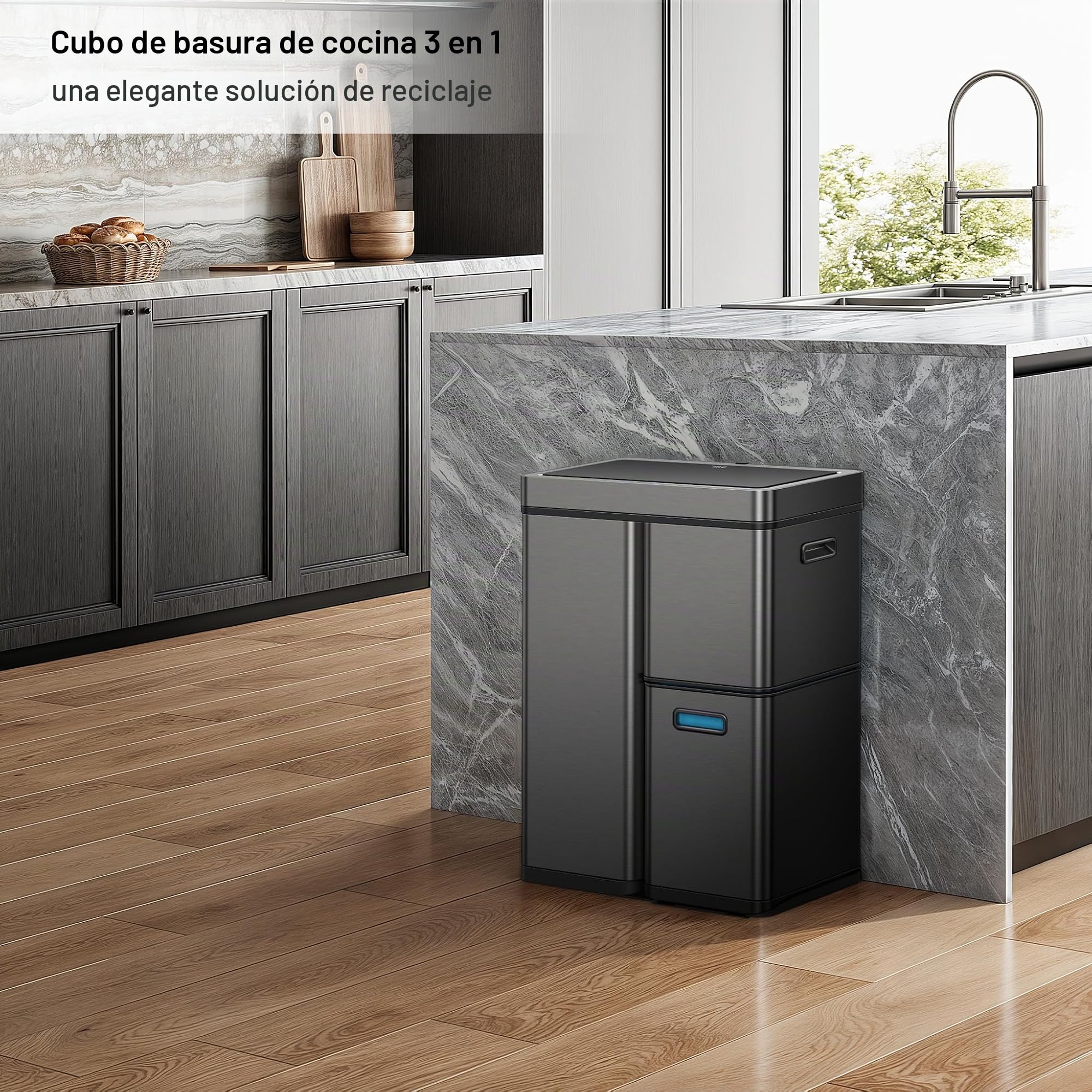 EKO Mirage Plus - Sistema de separación de basura con 3 compartimentos, 2 x 15 L y 30 L, con sensor, 3 cubos interiores de plástico, cubo de basura automático con tapa, cubo de basura grande para