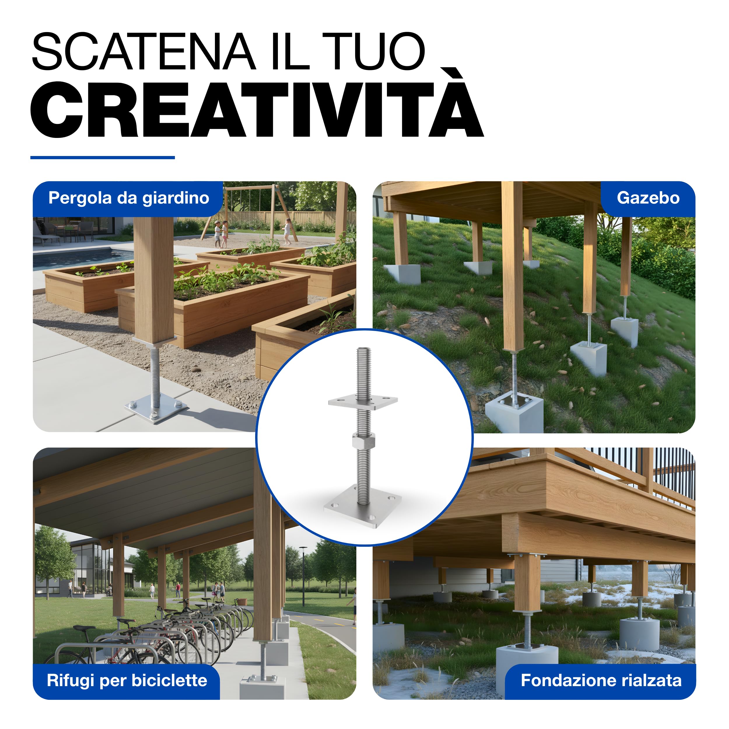 Supporto Regolabile per Palo 70 x 70 mm Rivestito in Fiocco di Zinco Set da 4