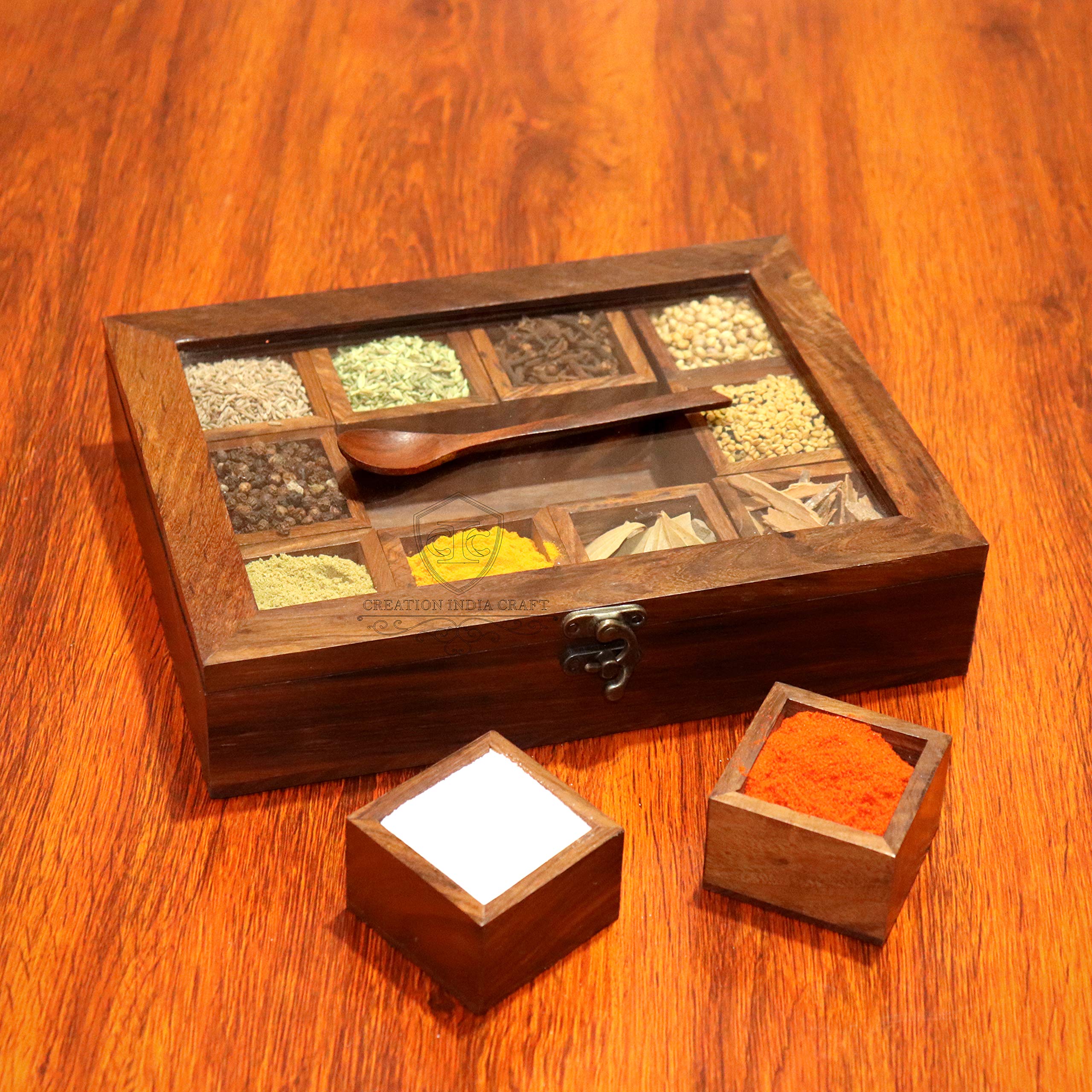 Creation India Craft Wooden Spice Box set for Kitchen Large Containers Spice Jars & Spoon in Sheesham Wood Masala Dabba for Kitchen Masala Dani Namak Dani Dabba Multipurpose Decorative Boxes (B0922Z1N86) Amazon Price History, Amazon Price Tracker