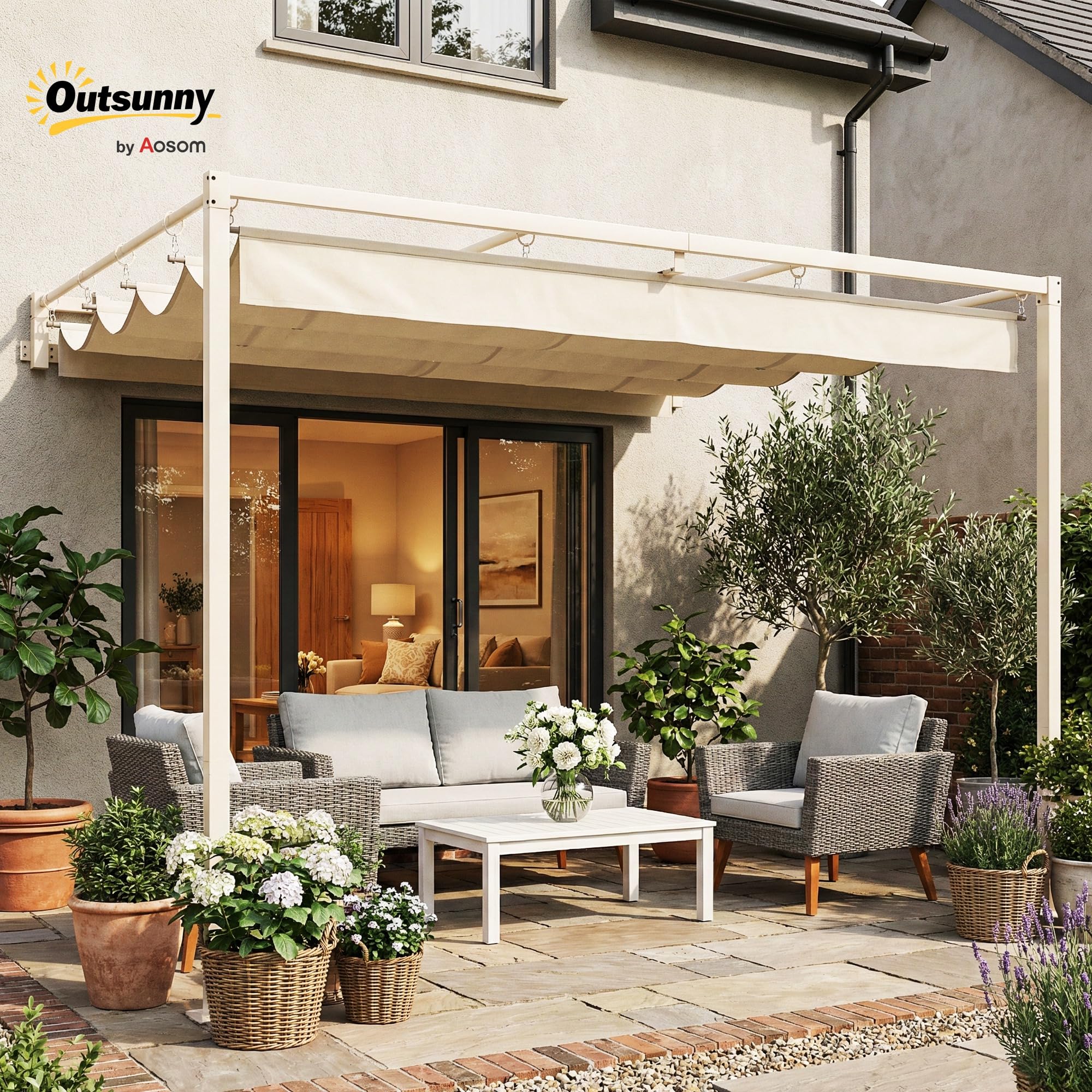 Outsunny Pérgola de Pared de Jardín 3x3 m, Cenador de Jardín con Techo Retráctil, Protección UPF30+, Orificios de Drenaje y Estructura de Acero, Pabellón para Patio, Terraza, Exterior, Beige — view 2