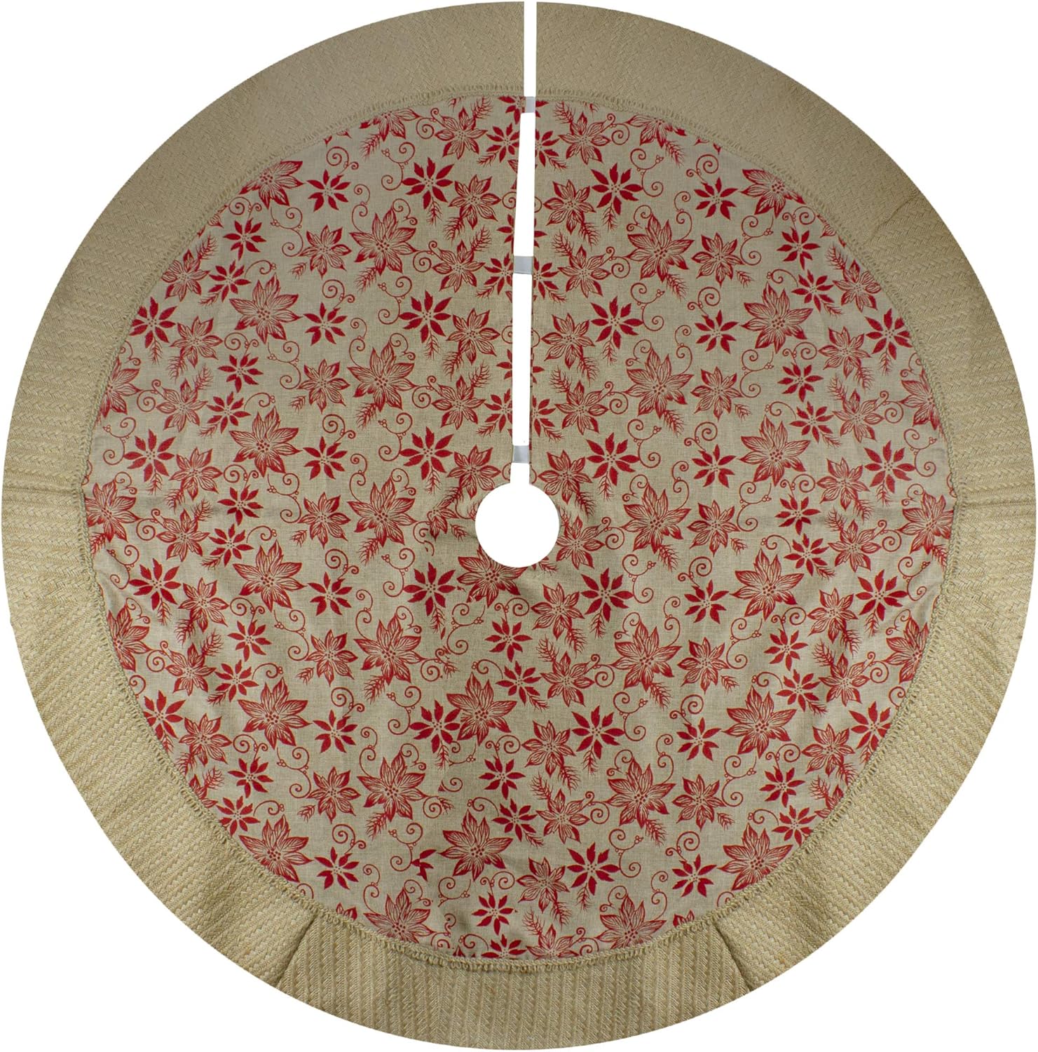 48" Tan and Red Rustic Burlap Poinsettia Christmas Tree Skirt