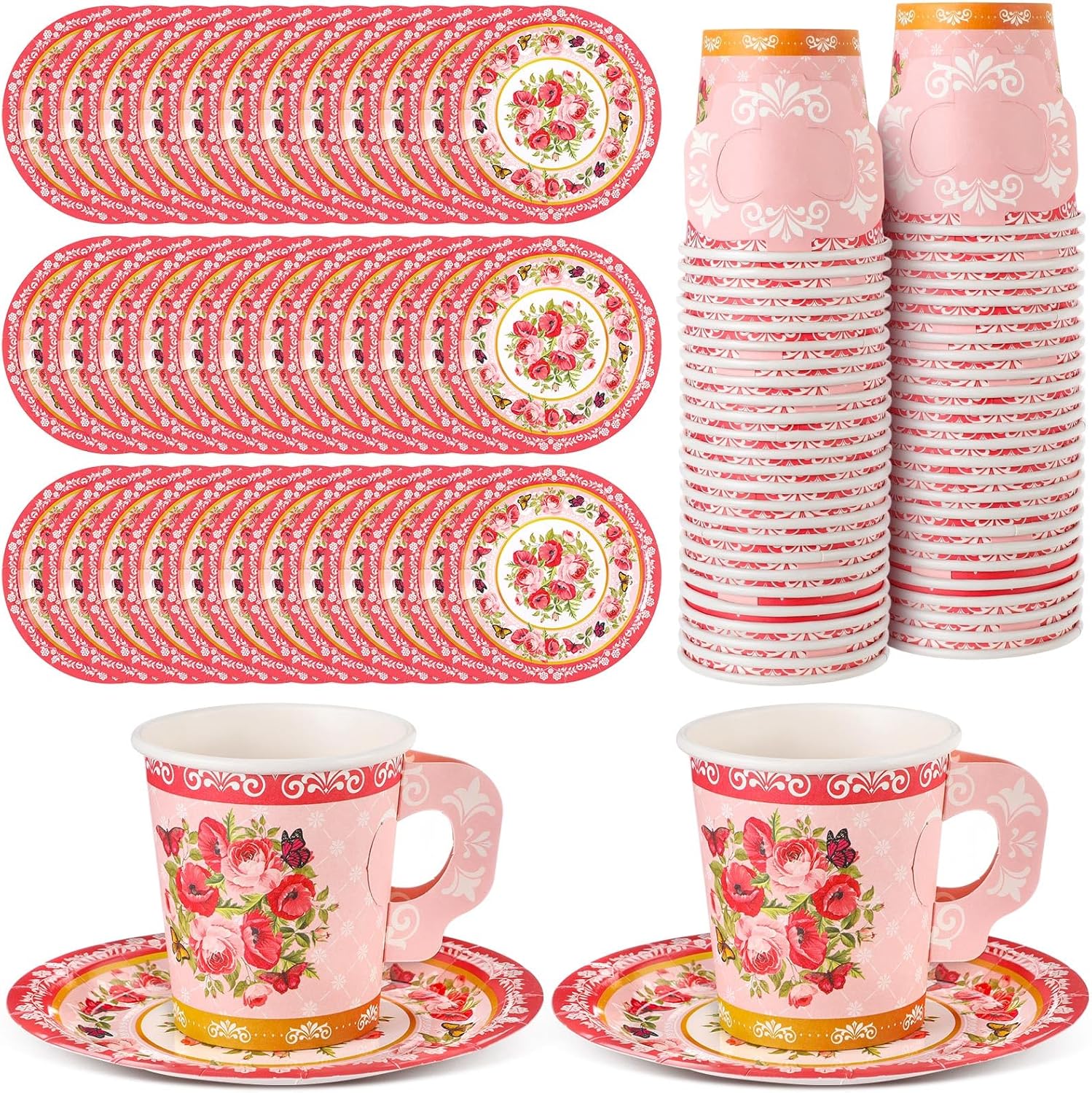 Nuogo 200 Pcs Floral Paper Tea Cups and Saucers 7 oz Disposable Tea Party Decorations Vintage Cute Paper Tea Cups and Plates with Handles for Wedding Baby Bridal Shower Birthday, Serve 100 (Purple)