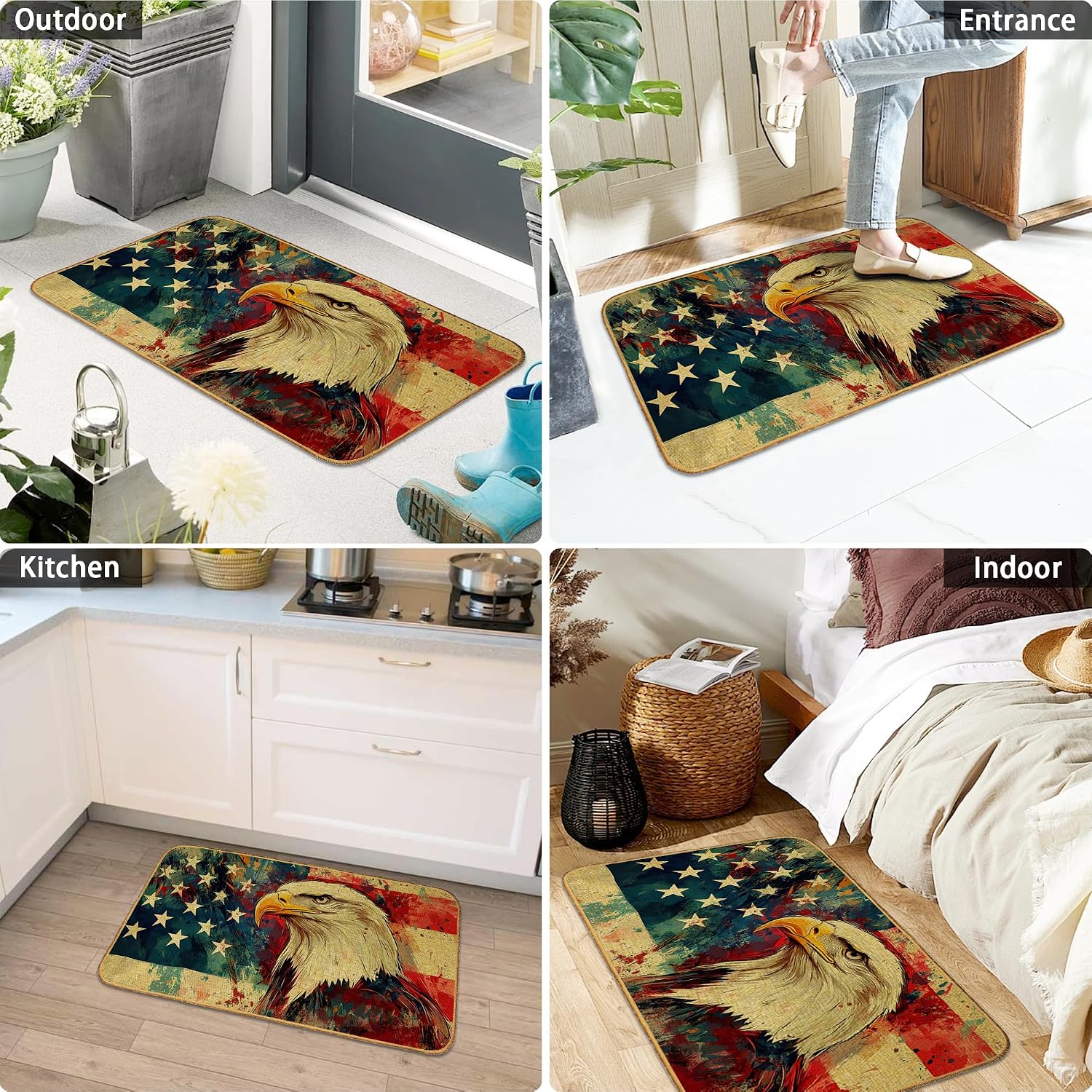 American Bald Eagle Door Mat 17"x29",USA Flag Doormat Indoor Entrance,Non Slip Rubber Front Door Mats Washable Absorbent Inside Outside Low-Profile Home Entryway Rug Outdoor