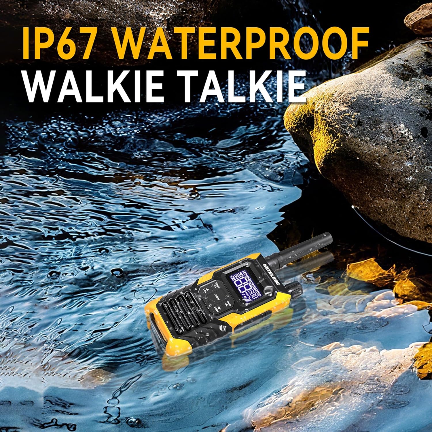 KETELESE T4 Walkie Talkie IP67 Waterproof, Type-C Rechargable Two Way Radio, Dual PTT, NOAA Weather, VOX, Group, Scan, FRS Radios 2 Watts, for Adults, 2Pack, Orange